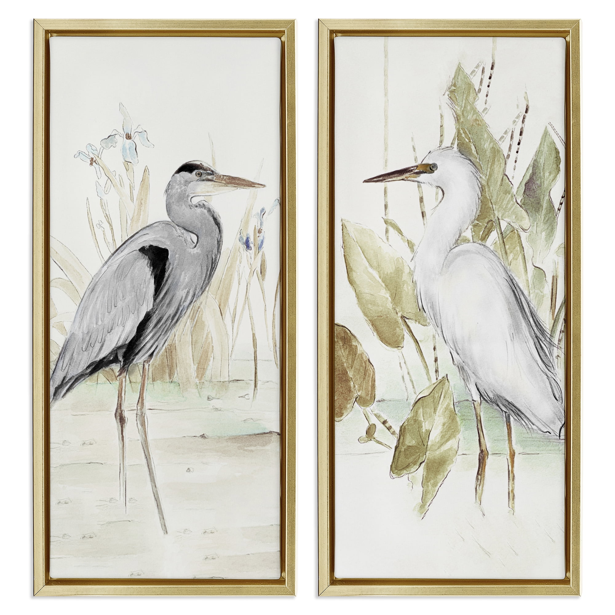 Stupell Industries Heron Egret Marsh Landscape Animals Painting Gold Floater Framed Canvas Art Print Wall Art, 14 x 31, Set of 2