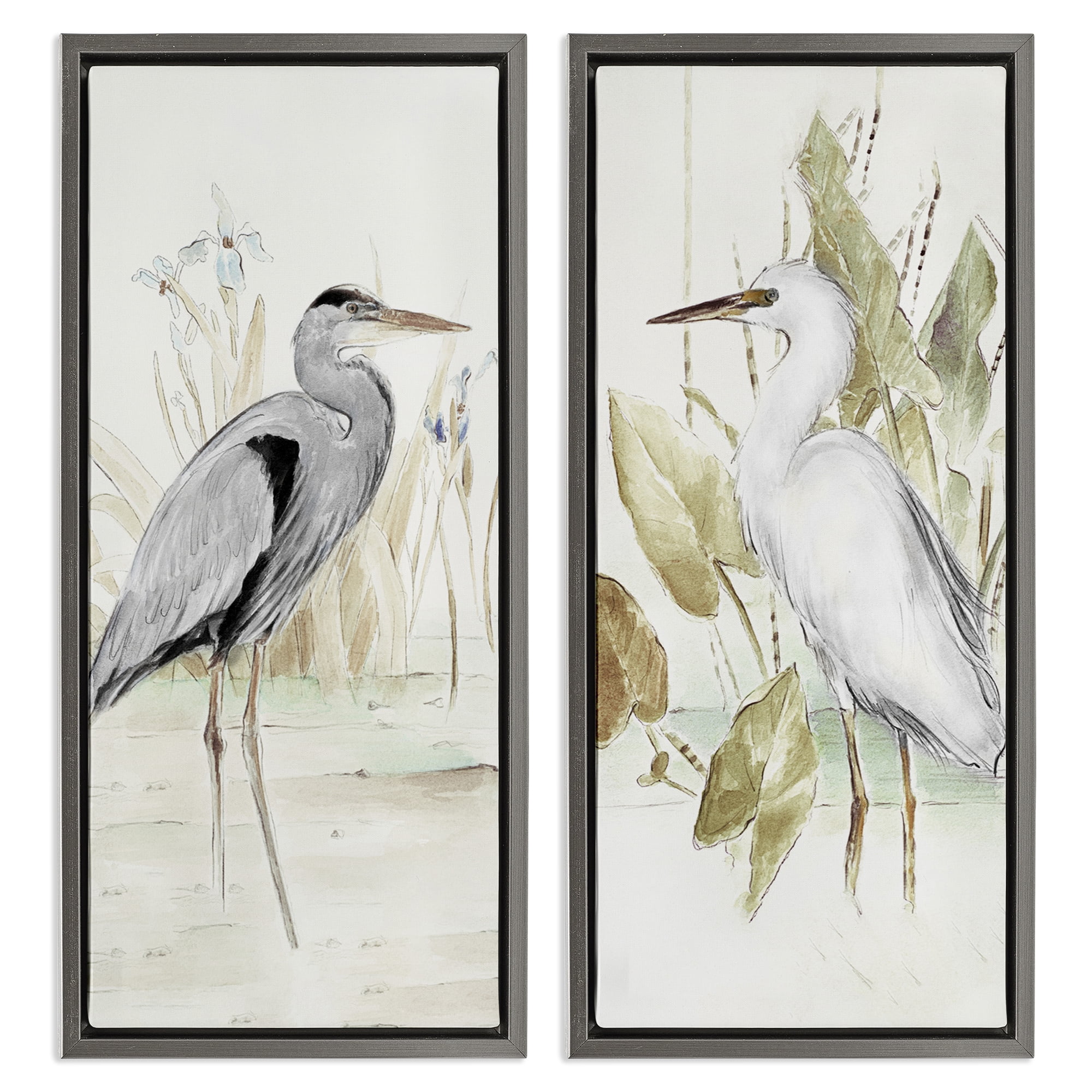 Stupell Industries Heron Egret Marsh Landscape Animals Painting Gray Floater Framed Canvas Art Print Wall Art, 11 x 25, Set of 2