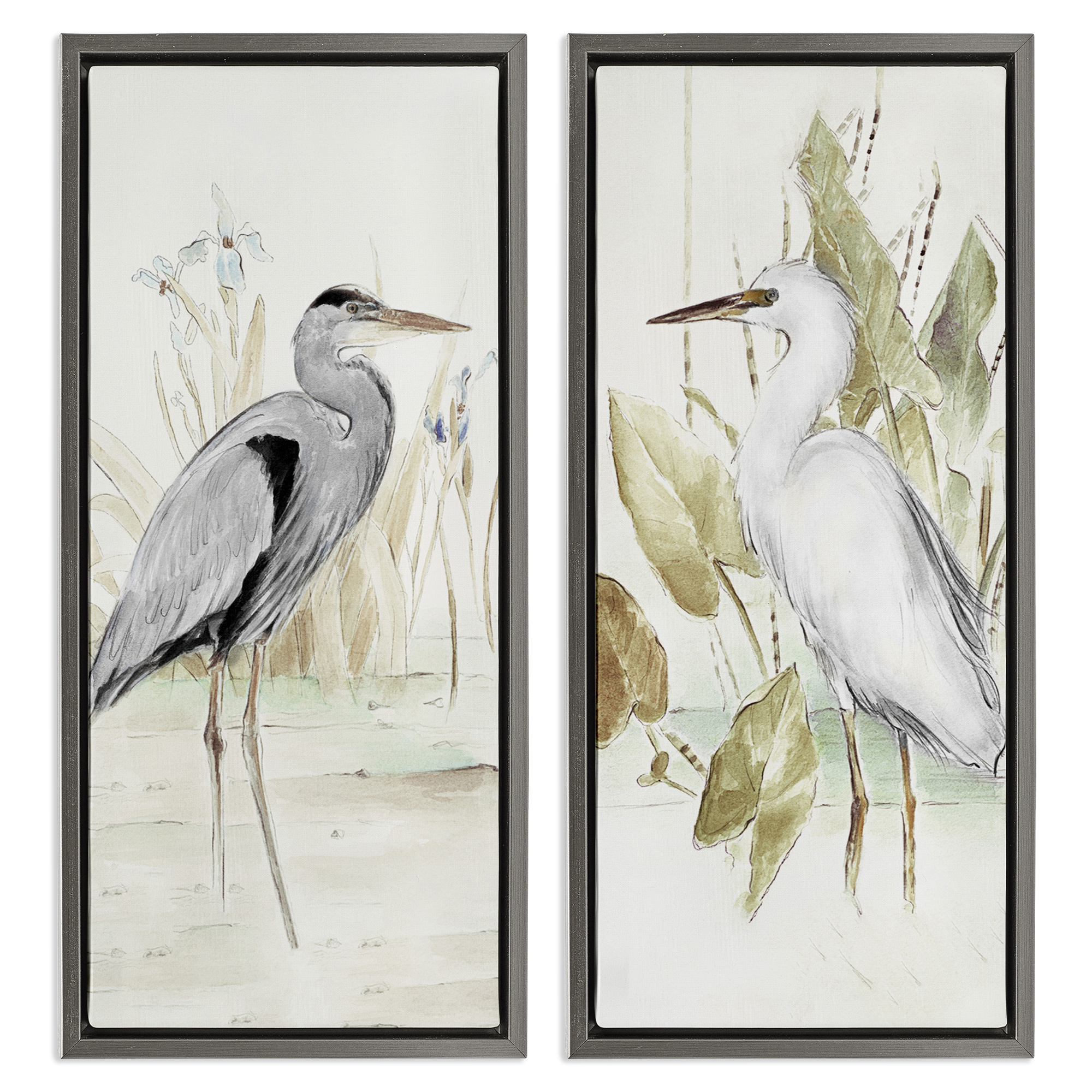 Stupell Industries Heron Egret Marsh Landscape Animals Painting Gray Floater Framed Canvas Art Print Wall Art, 14 x 31, Set of 2