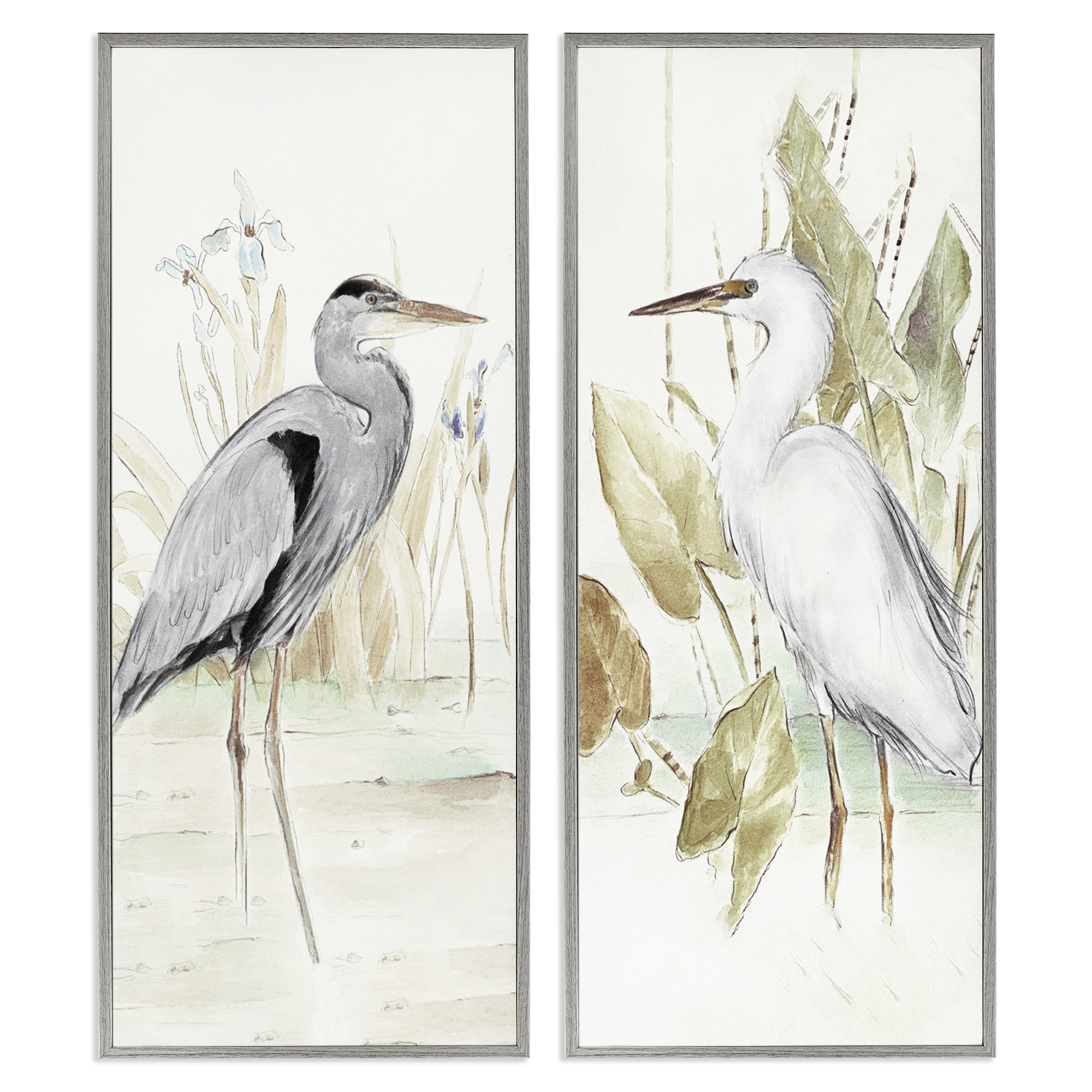 Stupell Industries Heron Egret Marsh Landscape Animals Painting Gray Framed Art Print Wall Art, 10 x 24, Set of 2