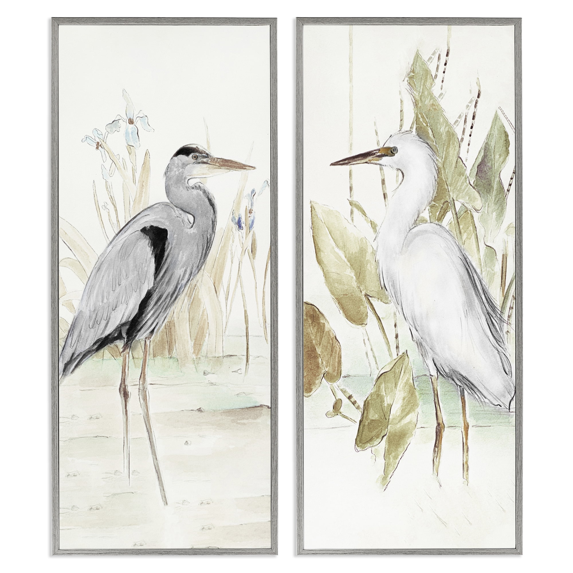 Stupell Industries Heron Egret Marsh Landscape Animals Painting Gray Framed Art Print Wall Art, 13 x 30, Set of 2
