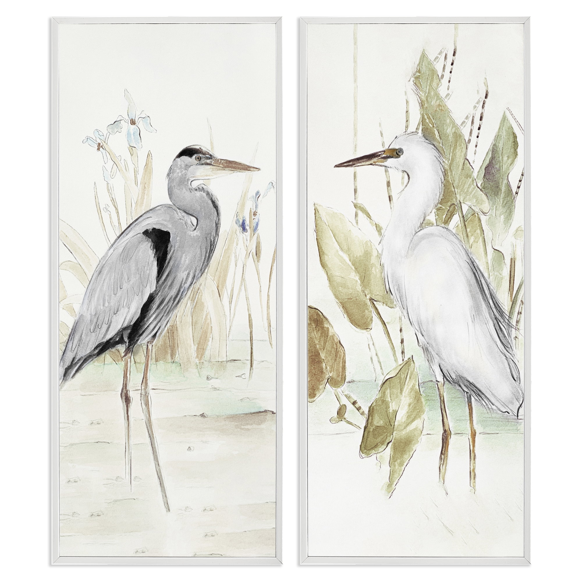 Stupell Industries Heron Egret Marsh Landscape Animals Painting White Framed Art Print Wall Art, 10 x 24, Set of 2