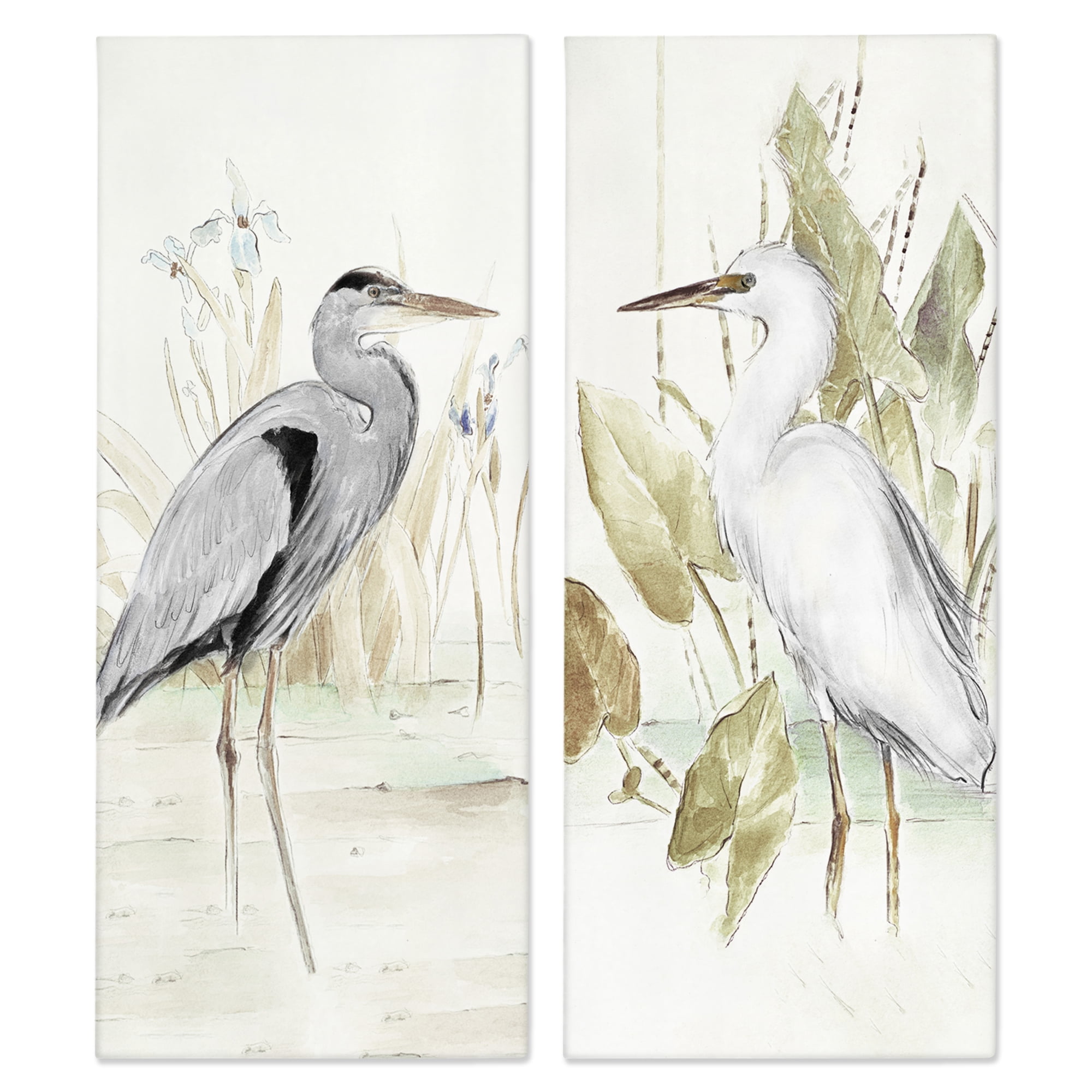 Stupell Industries Heron Egret Marsh Landscape Animals Painting Wrapped Canvas Art Print Wall Art, 10 x 24, Set of 2