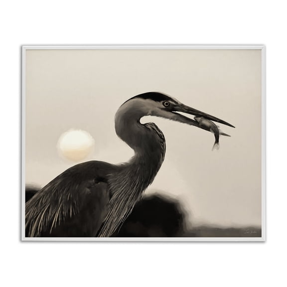 Stupell Industries Heron Feeding on Fish Animals Photography White Framed Art Print Wall Art, 14 x 11