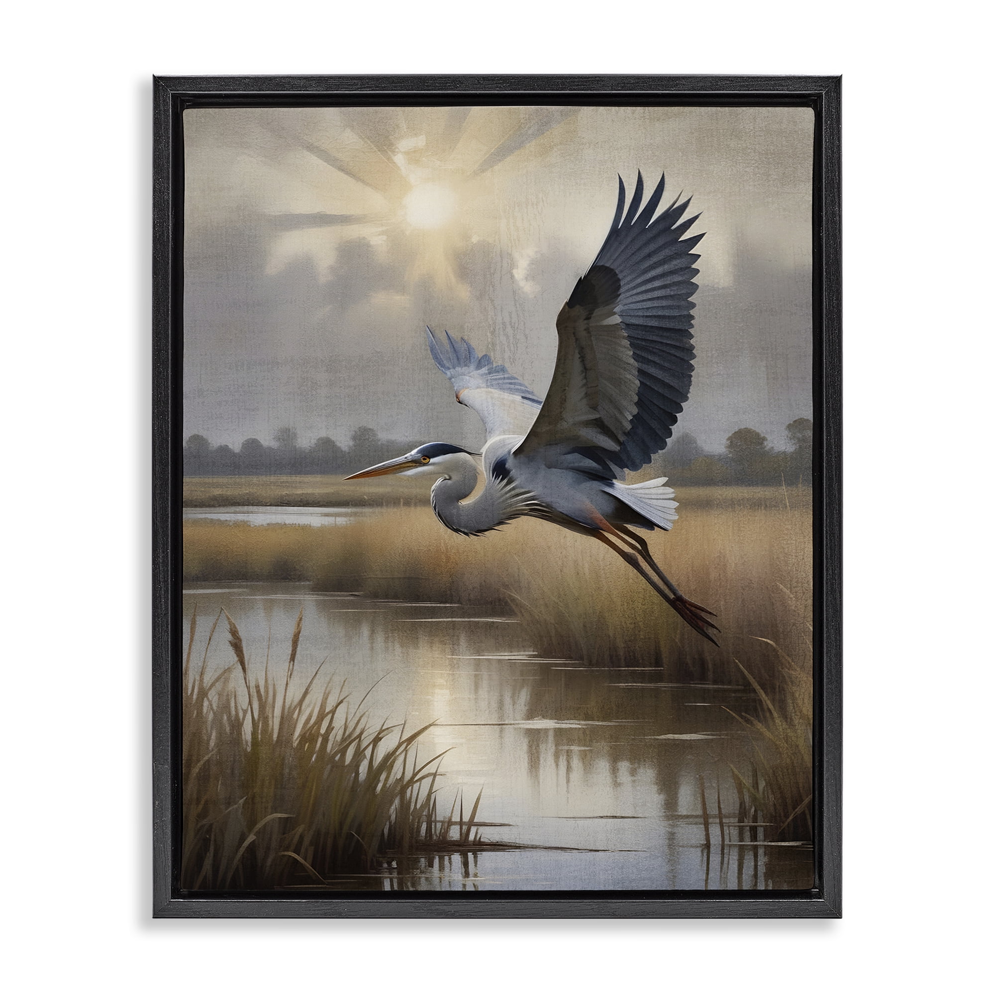 Stupell Industries Heron Flight over Wetlands Black Framed Floater Canvas Wall Art, design by Susan Arnot