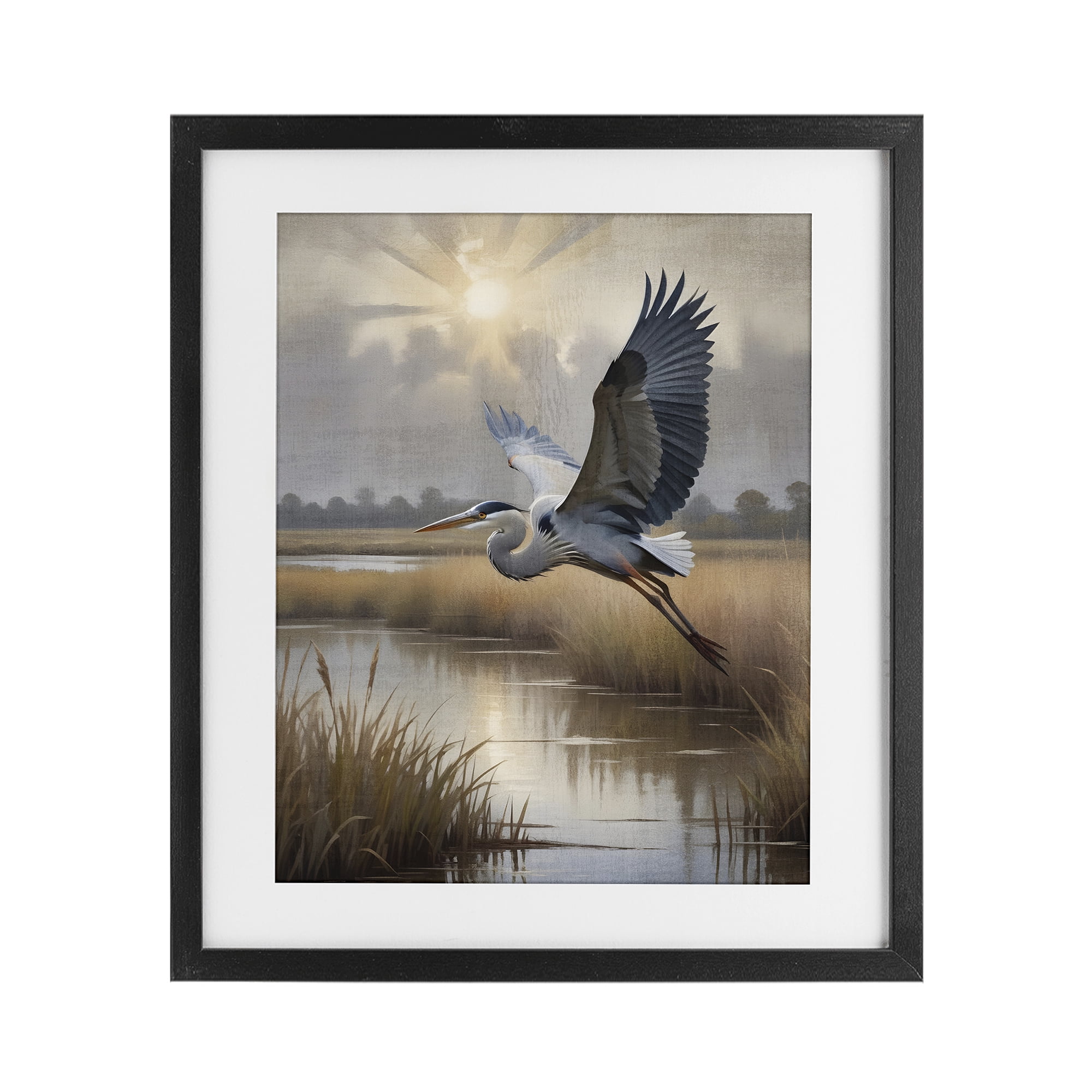 Heron Flight over Wetlands Black Framed Print Under Glass, 17 x 21 - By Susan Arnot
