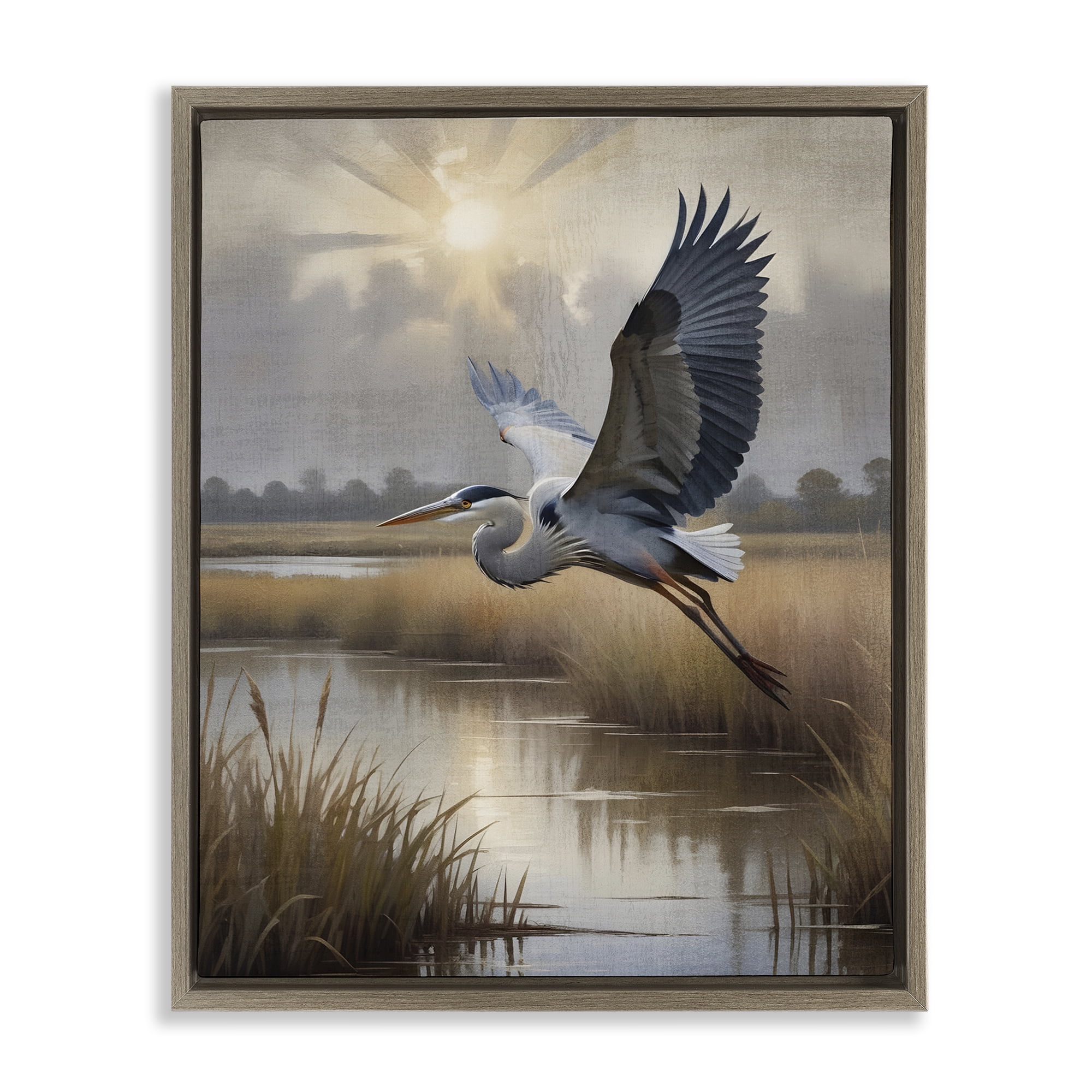 Stupell Industries Heron Flight over Wetlands Brown Framed Floater Canvas Wall Art, design by Susan Arnot