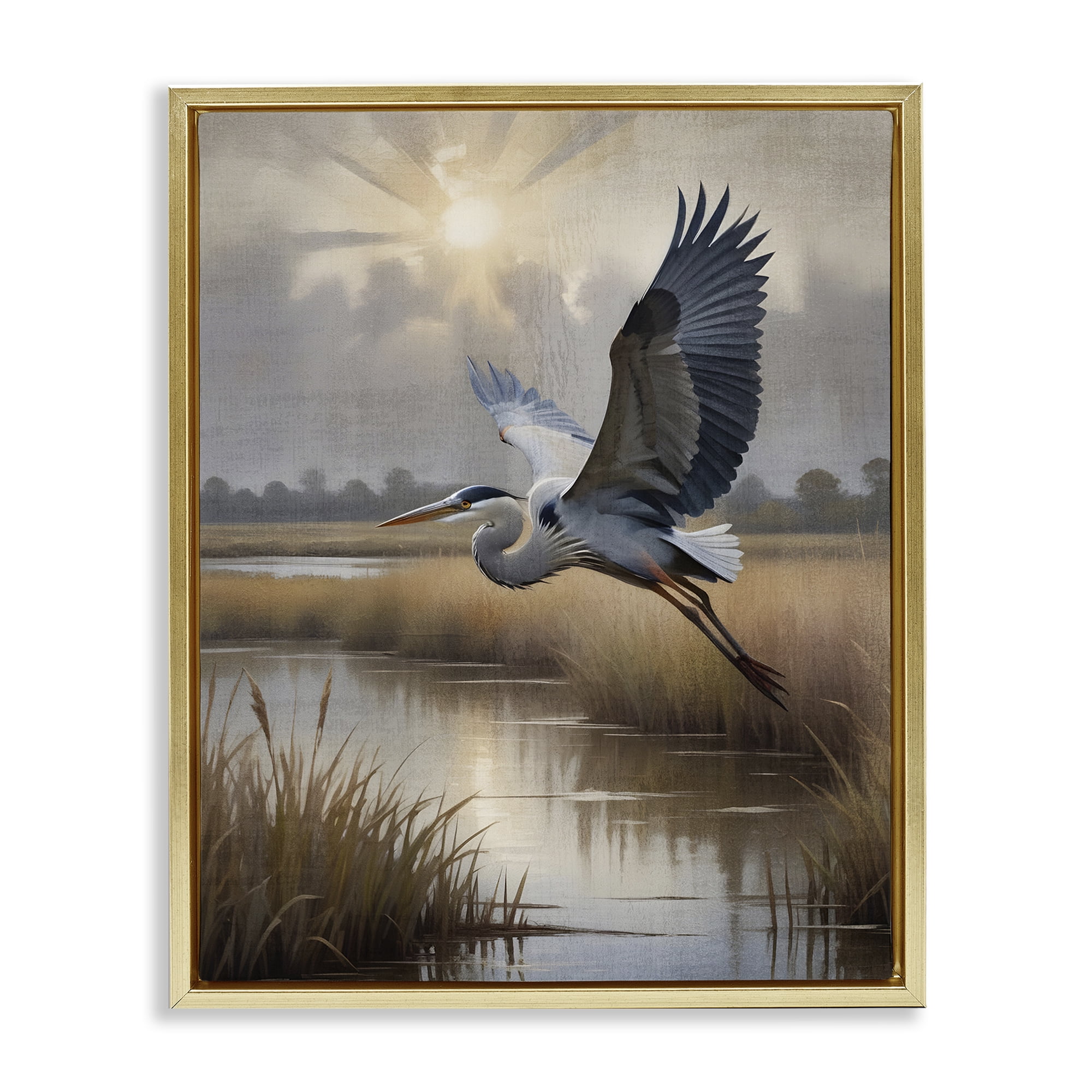 Stupell Industries Heron Flight over Wetlands Gold Framed Floater Canvas Wall Art, design by Susan Arnot