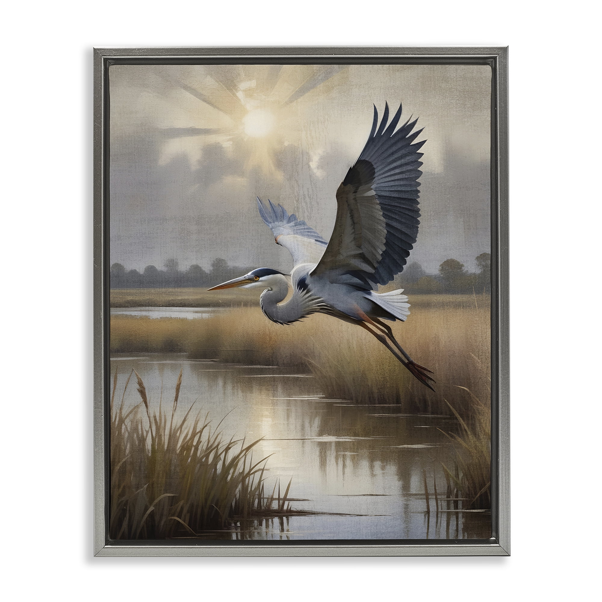 Stupell Industries Heron Flight over Wetlands Gray Framed Floater Canvas Wall Art, design by Susan Arnot