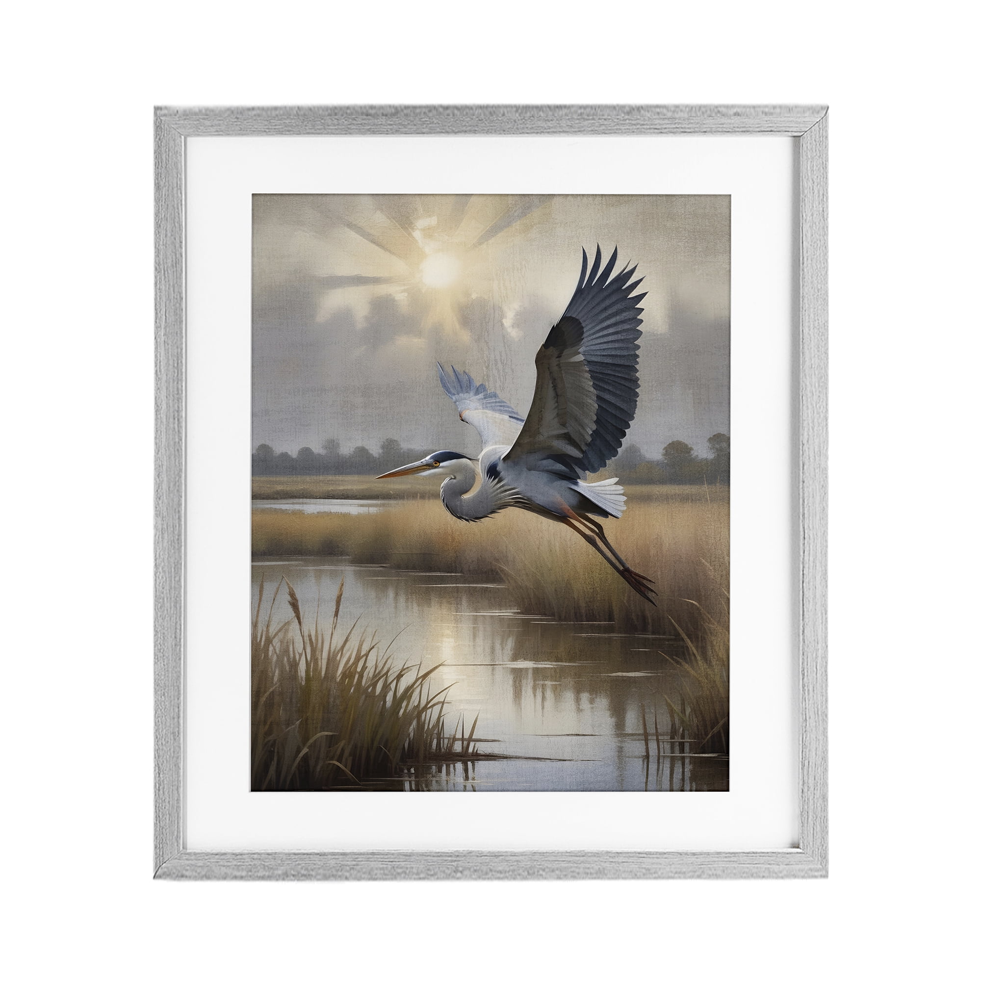 Stupell Industries Heron Flight over Wetlands Gray Framed Print Under Glass, design by Susan Arnot