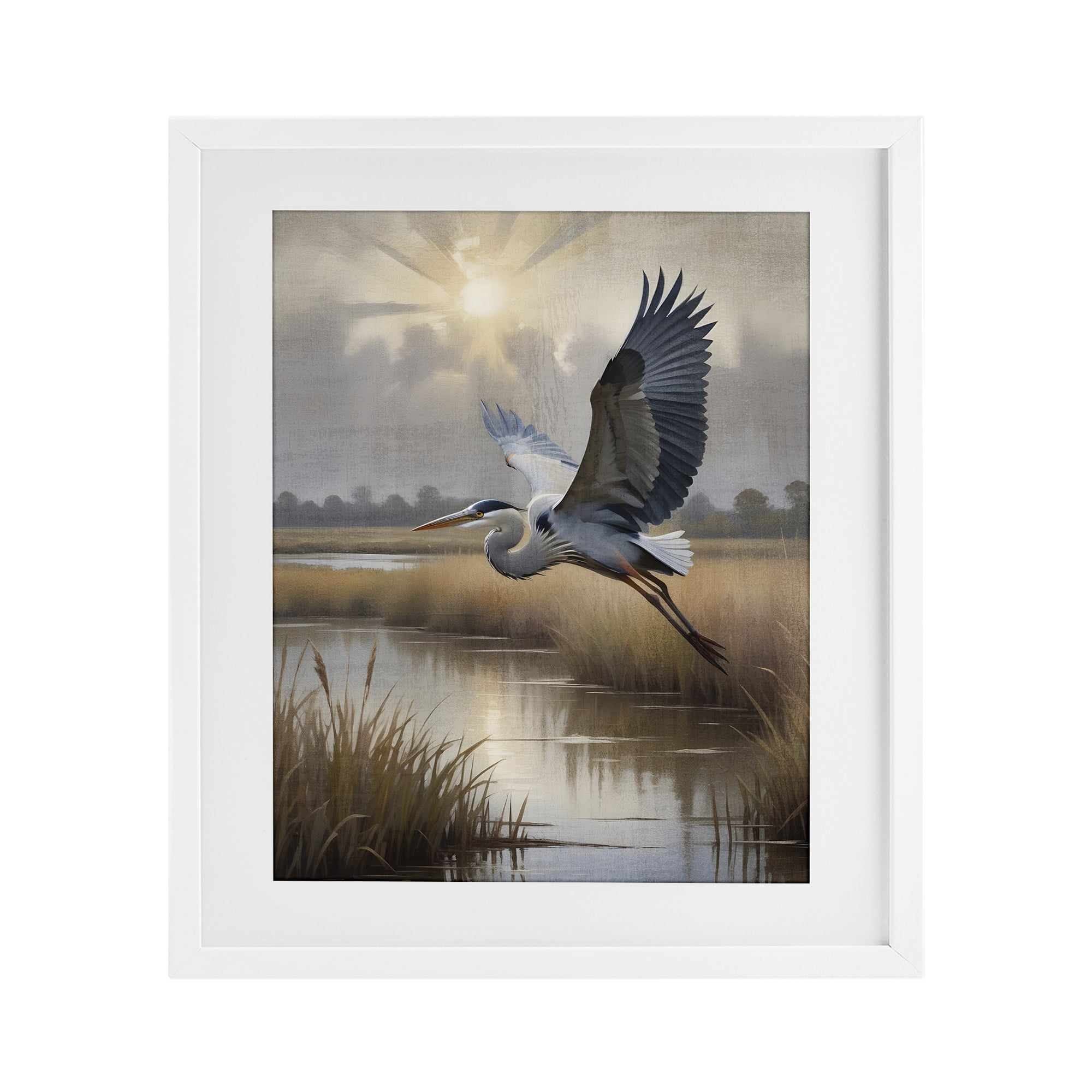 Stupell Industries Heron Flight over Wetlands White Framed Print Under Glass, design by Susan Arnot