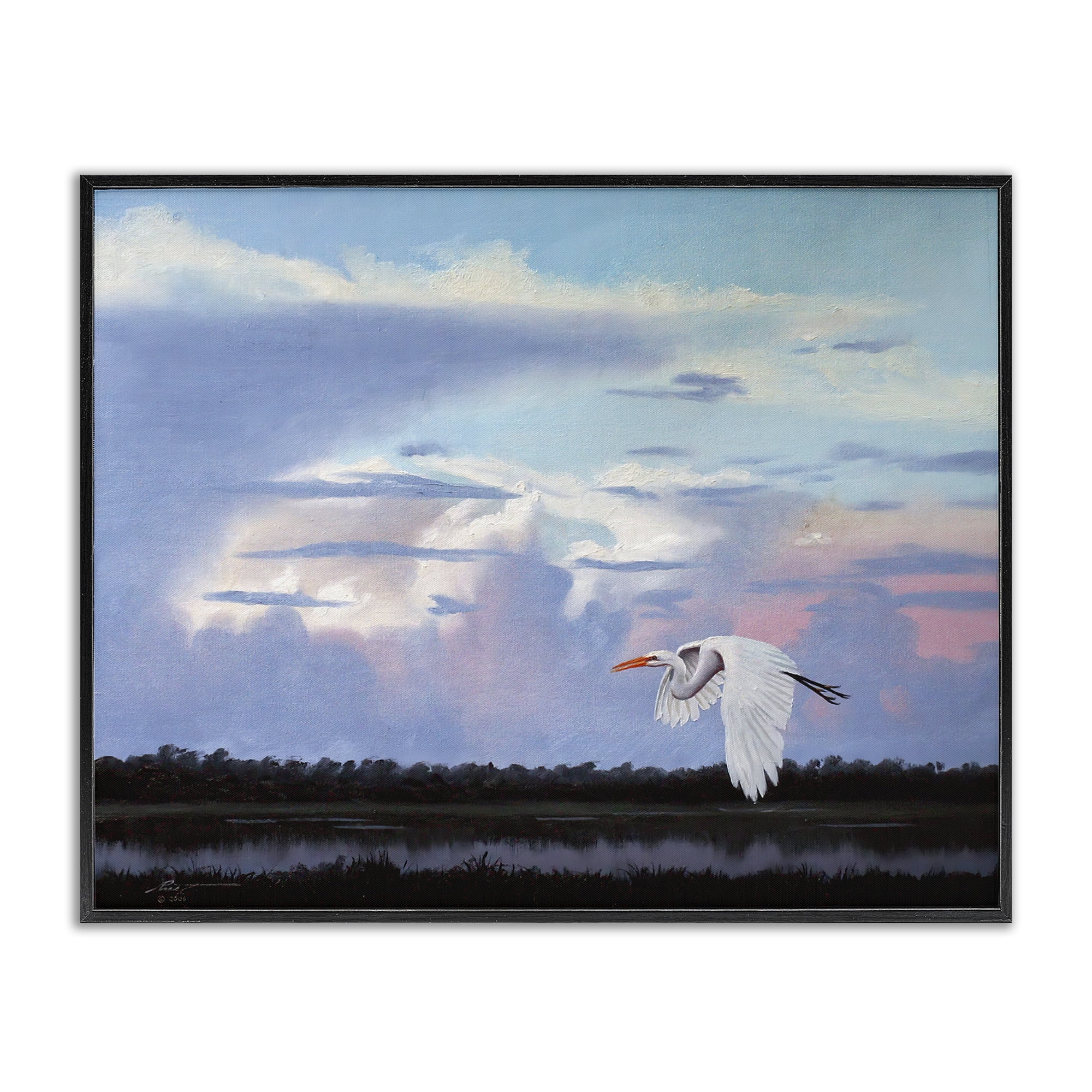 Stupell Industries Heron Flying Through Clouds Animals & Insects Painting Black Framed Art Print Wall Art, 20 x 16