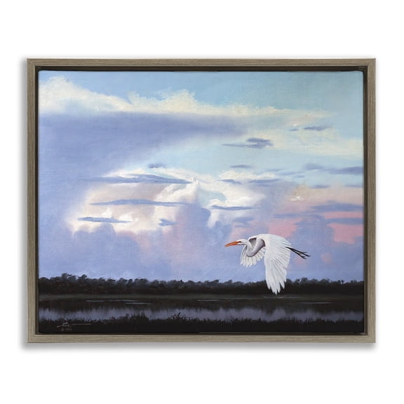 Stupell Industries Heron Flying Through Clouds Animals & Insects Painting Brown Floater Framed Canvas Art Print Wall Art, 31 x 25