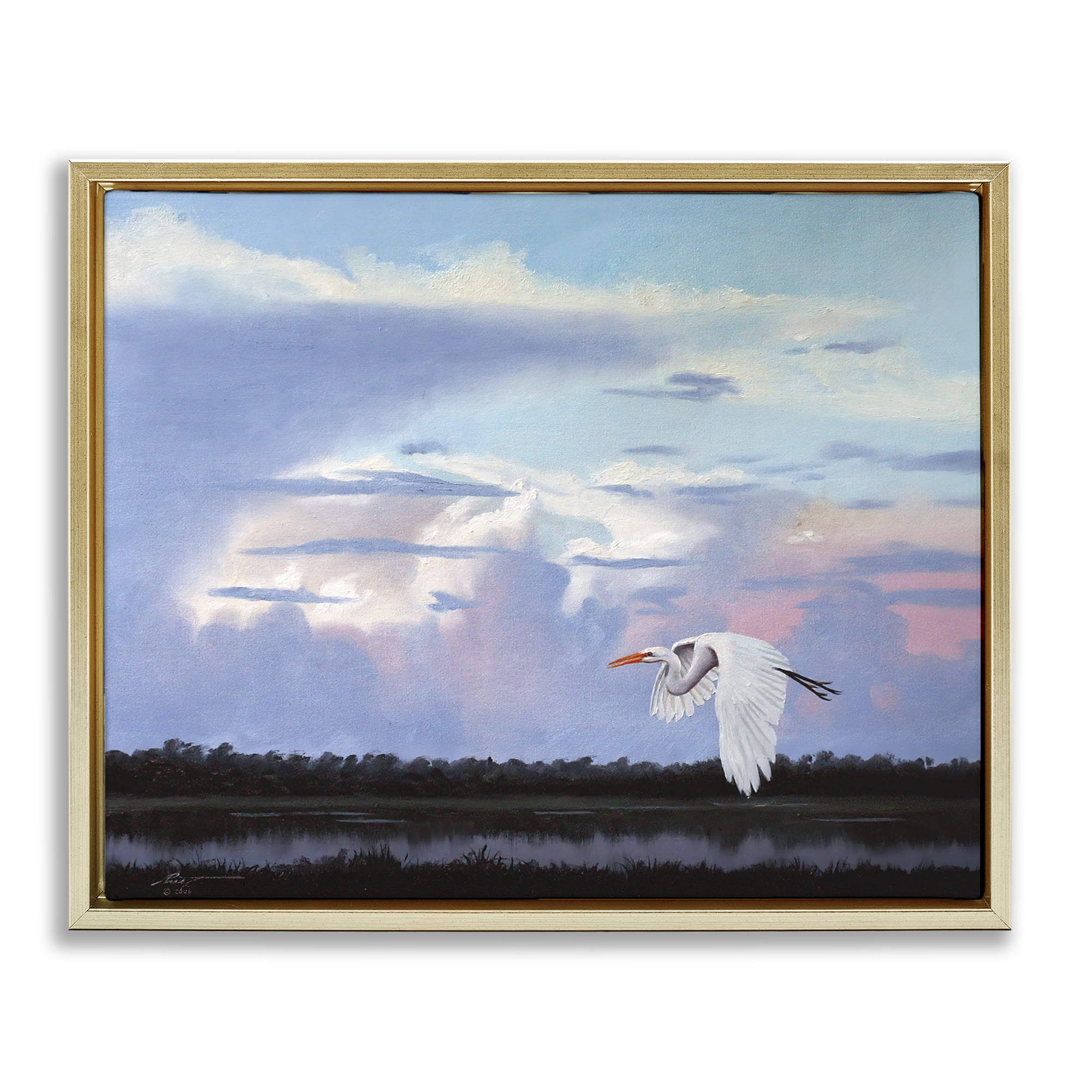 Stupell Industries Heron Flying Through Clouds Animals & Insects Painting Gold Floater Framed Canvas Art Print Wall Art, 21 x 17
