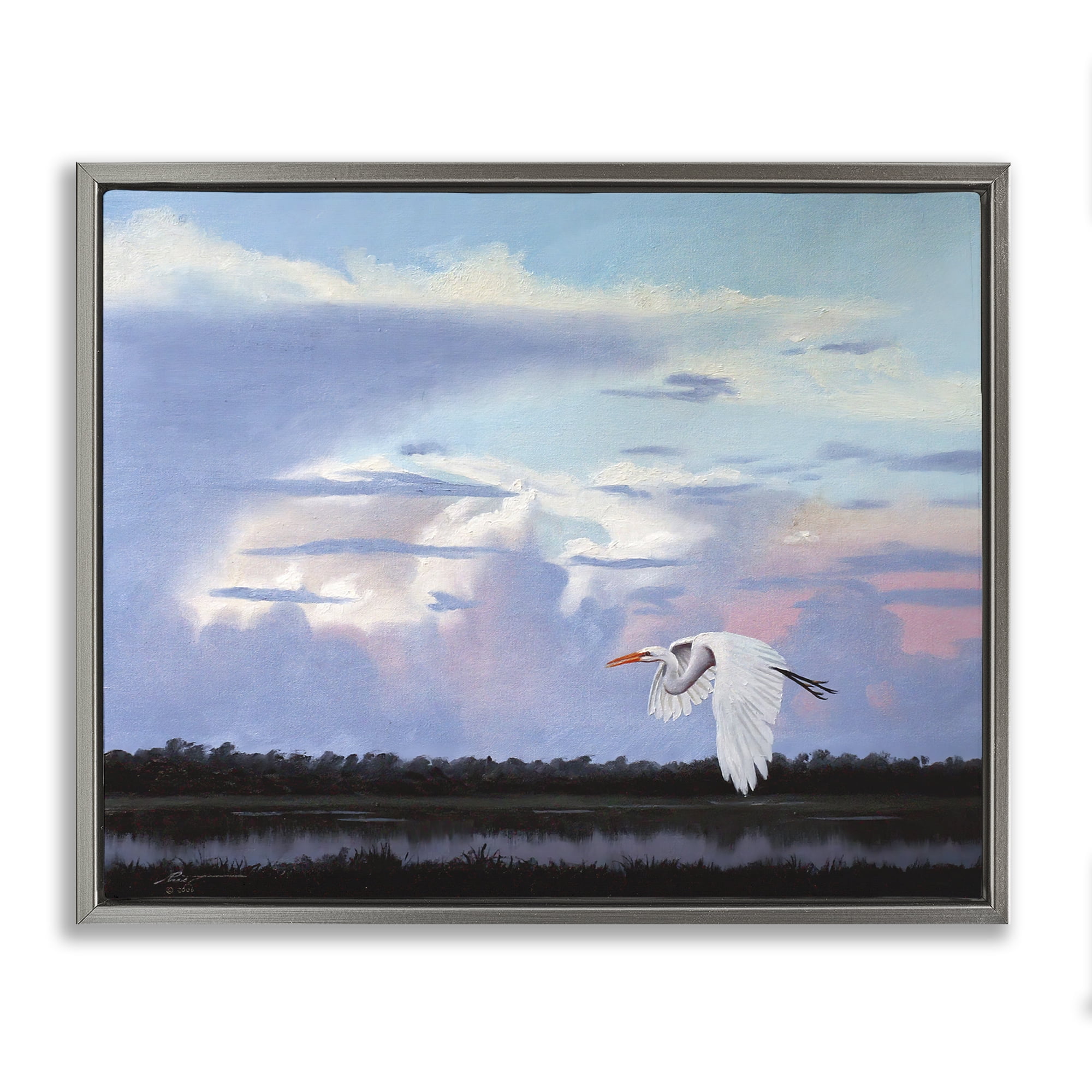 Stupell Industries Heron Flying Through Clouds Animals & Insects Painting Gray Floater Framed Canvas Art Print Wall Art, 21 x 17