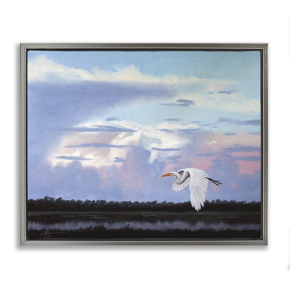 Stupell Industries Heron Flying Through Clouds Animals & Insects Painting Gray Floater Framed Canvas Art Print Wall Art, 31 x 25