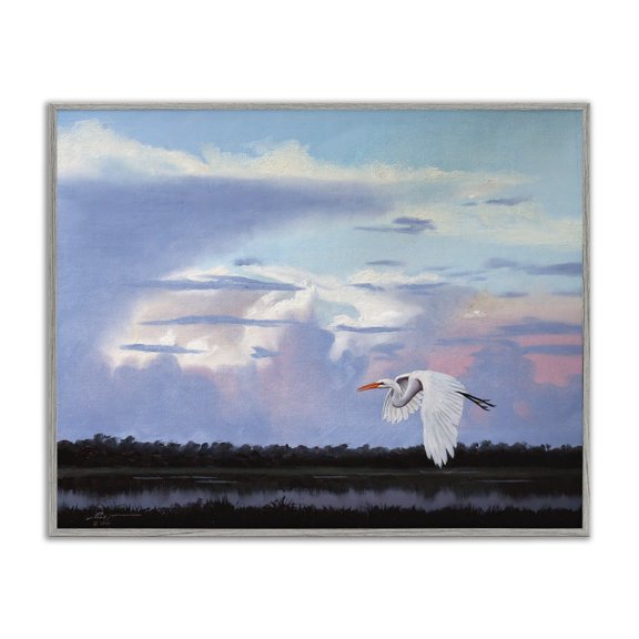 Stupell Industries Heron Flying Through Clouds Animals & Insects Painting Gray Framed Art Print Wall Art, 14 x 11