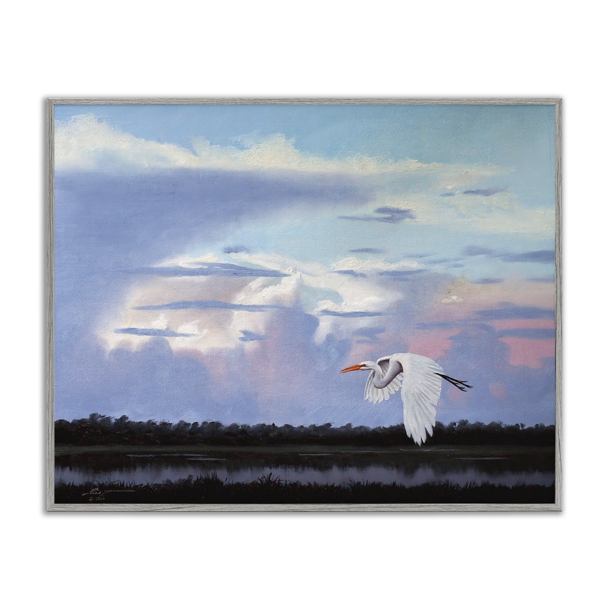 Stupell Industries Heron Flying Through Clouds Animals & Insects Painting Gray Framed Art Print Wall Art, 20 x 16