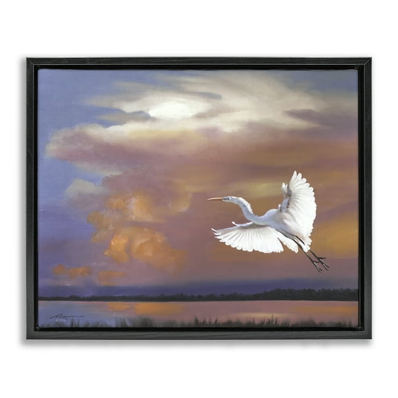 Stupell Industries Heron Flying with Sunset Landscape Painting Black Floater Framed Canvas Art Print Wall Art, 21 x 17