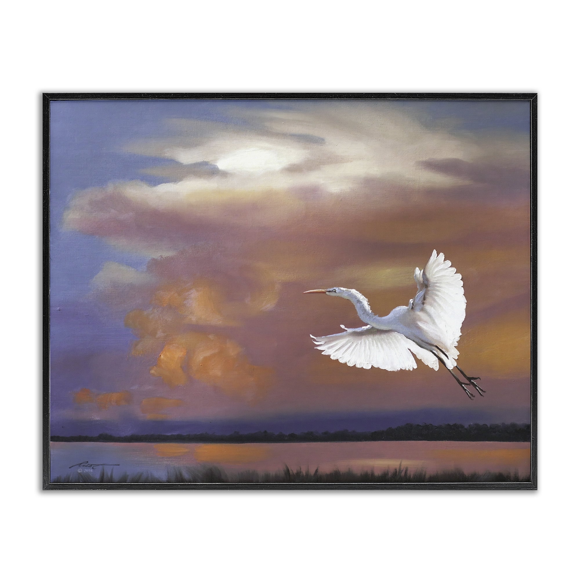 Stupell Industries Heron Flying with Sunset Landscape Painting Black Framed Art Print Wall Art, 14 x 11