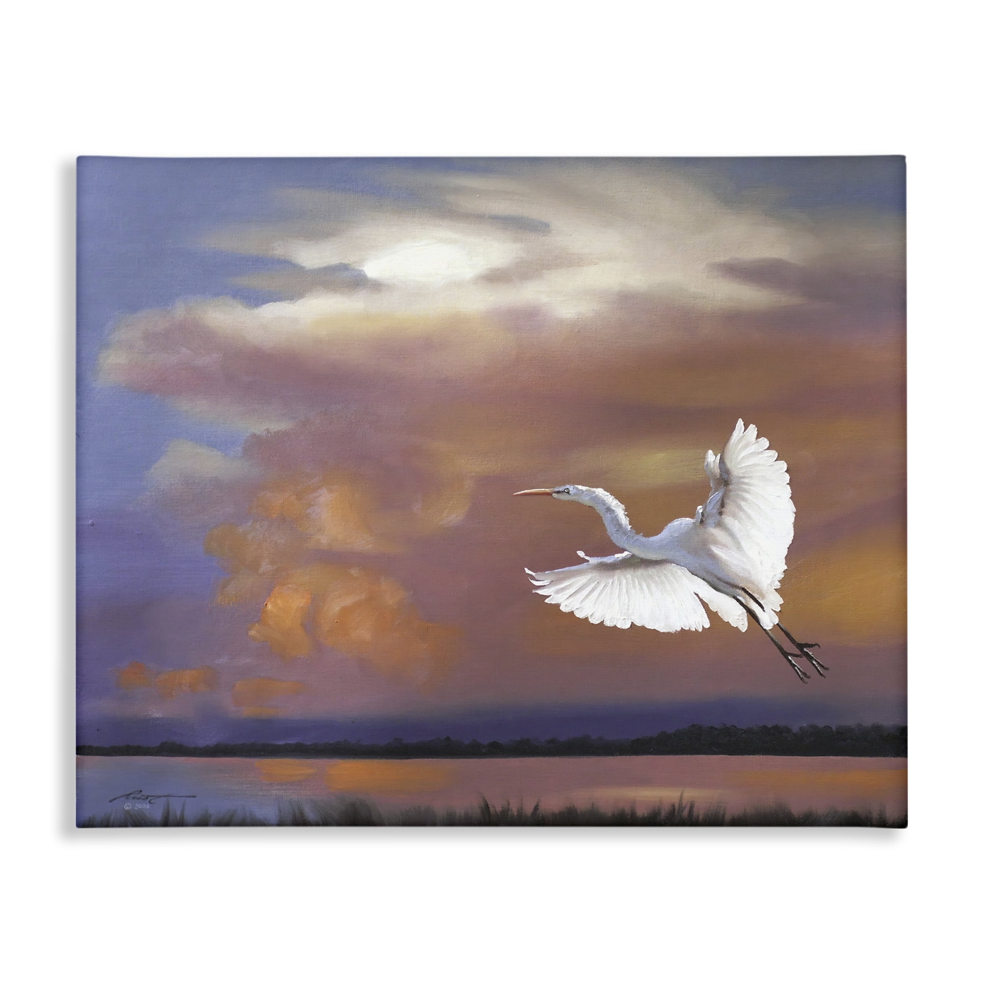 Stupell Industries Heron Flying with Sunset Landscape Painting Gallery Wrapped Canvas Art Print Wall Art, 48 x 36