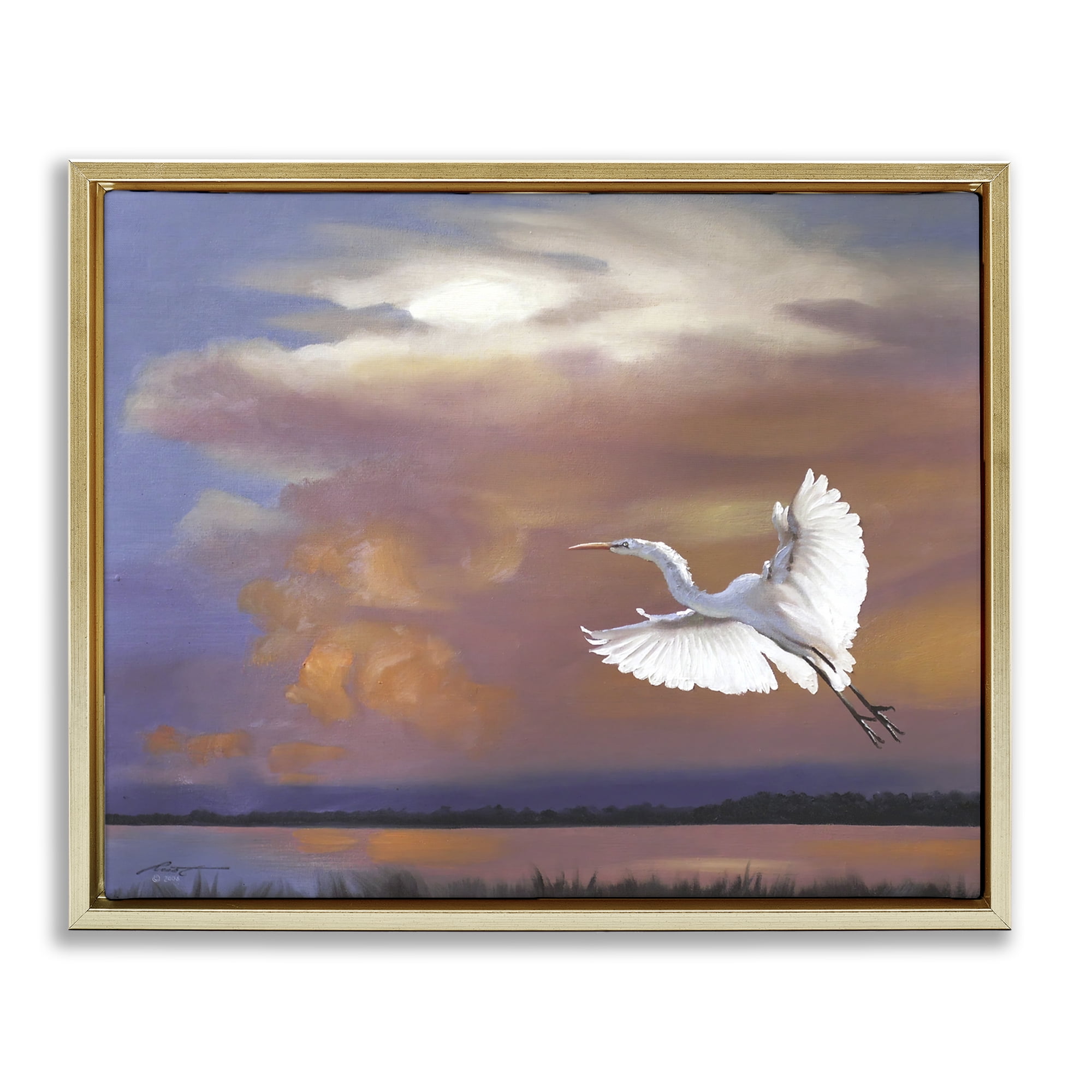 Stupell Industries Heron Flying with Sunset Landscape Painting Gold Floater Framed Canvas Art Print Wall Art, 21 x 17