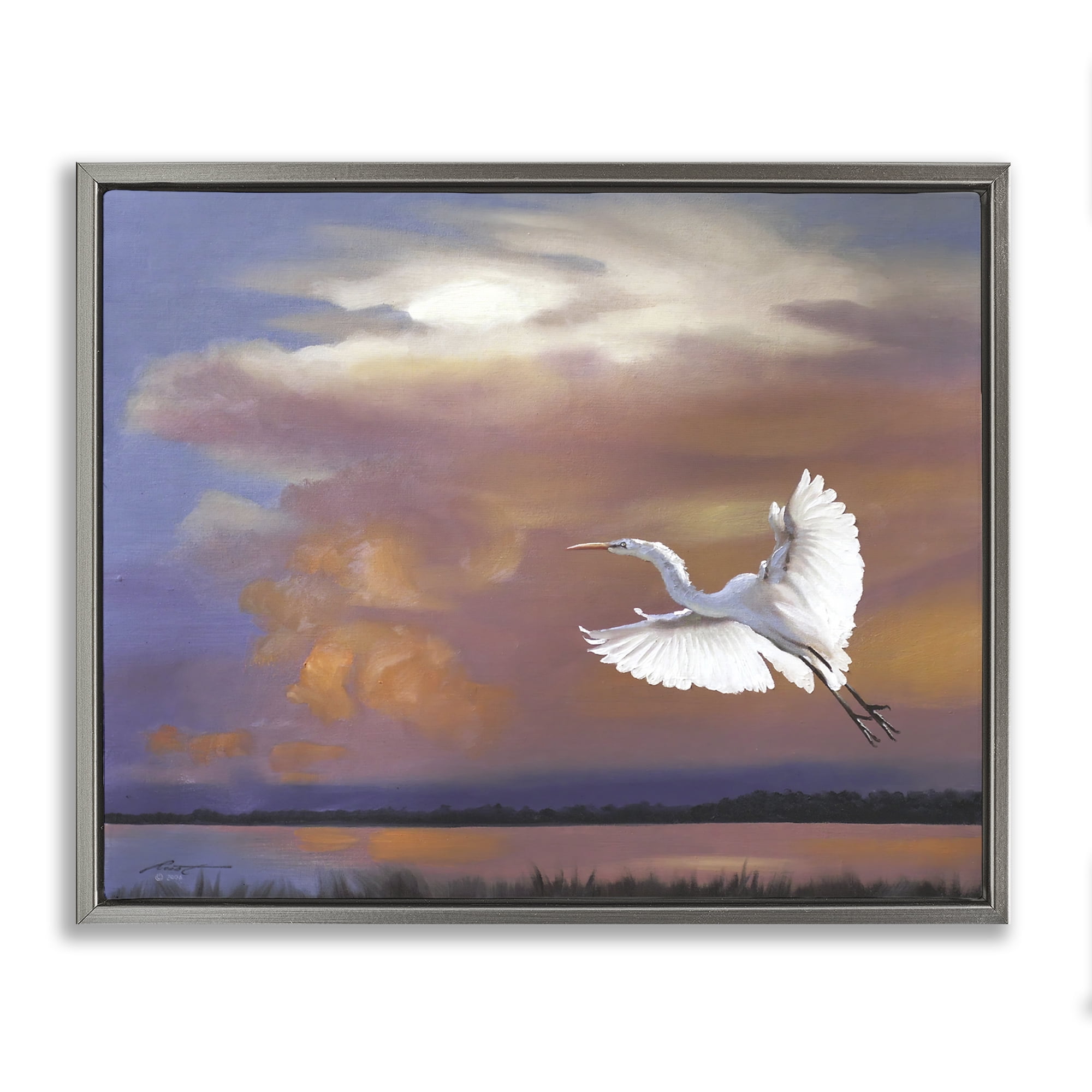 Stupell Industries Heron Flying with Sunset Landscape Painting Gray Floater Framed Canvas Art Print Wall Art, 31 x 25