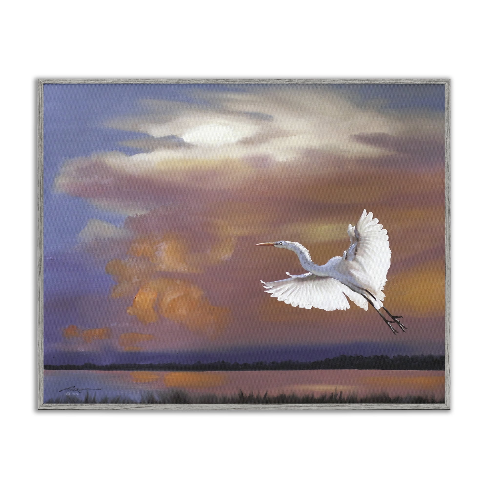 Stupell Industries Heron Flying with Sunset Landscape Painting Gray Framed Art Print Wall Art, 20 x 16