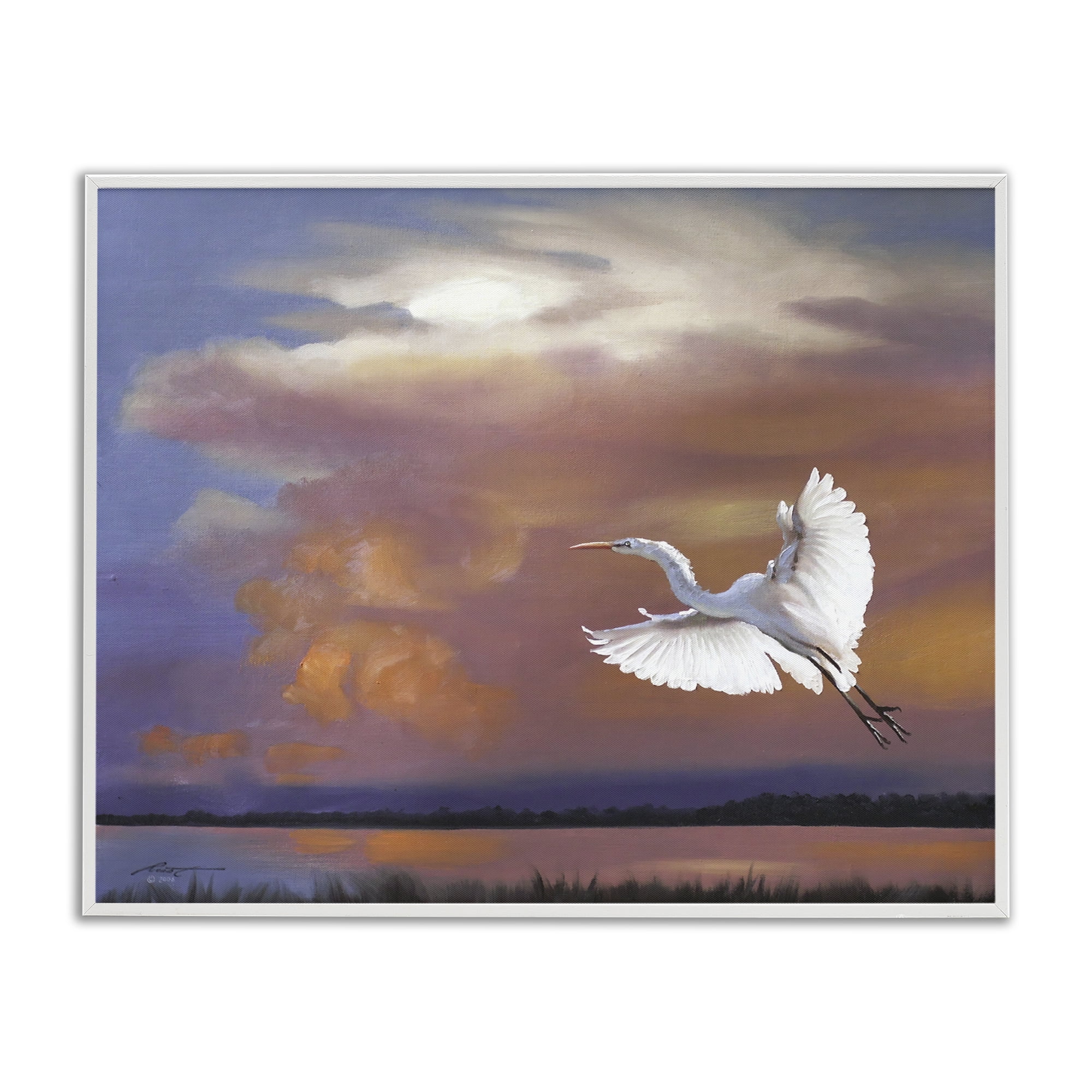 Stupell Industries Heron Flying with Sunset Landscape Painting White Framed Art Print Wall Art, 30 x 24
