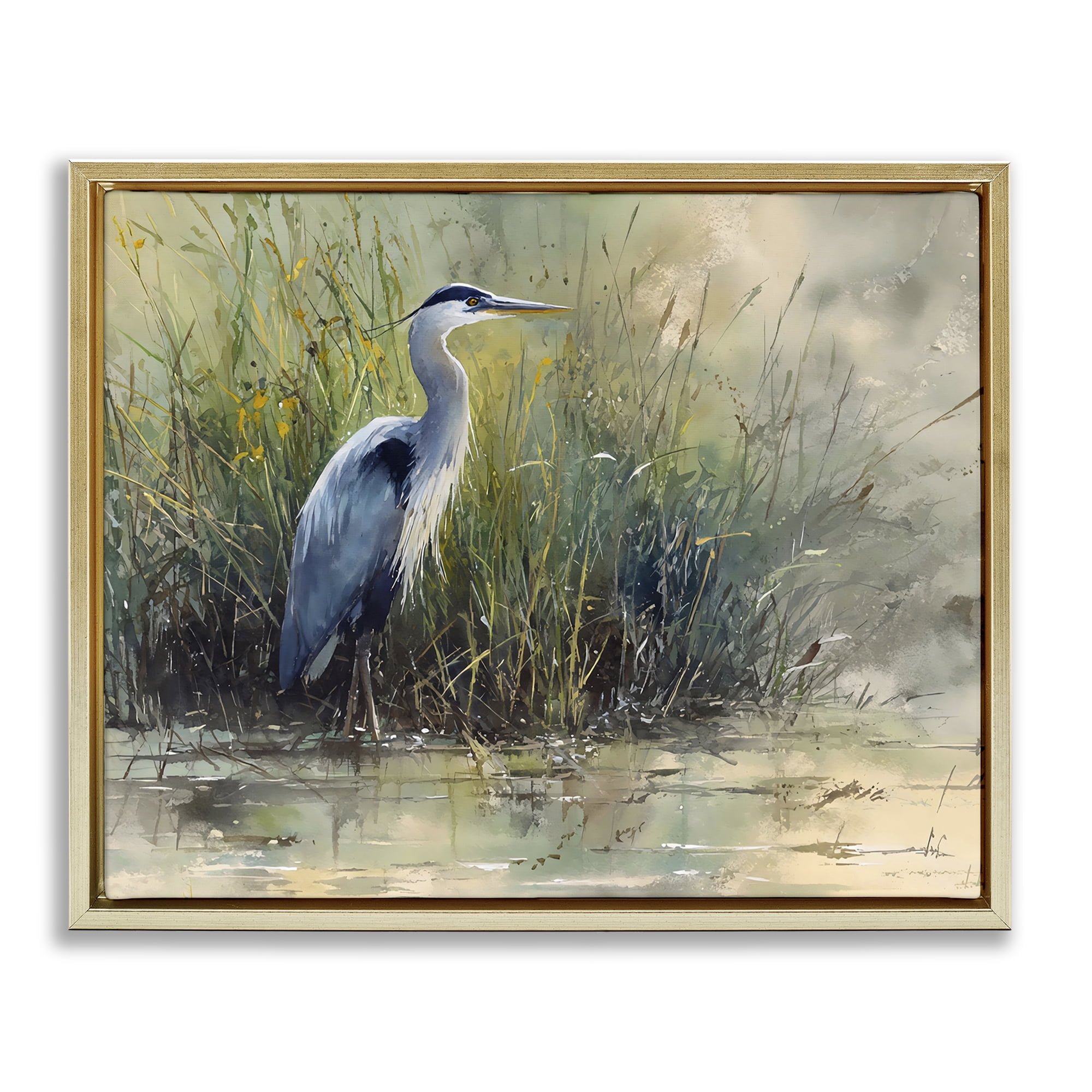 Stupell Industries Heron In The Grass Gold Framed Floater Canvas Wall Art, design by Franklyn Gregory
