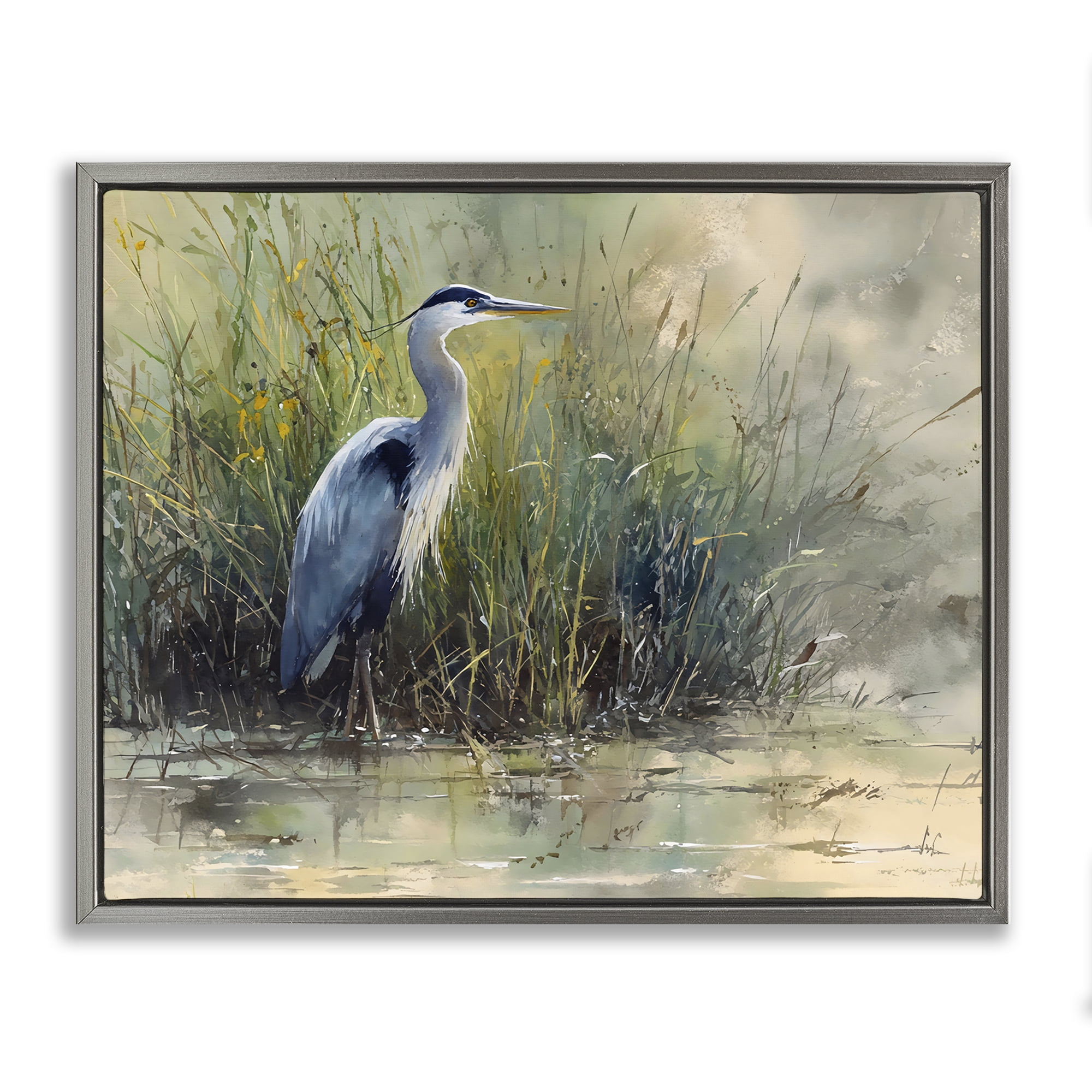 Stupell Industries Heron In The Grass Gray Framed Floater Canvas Wall Art, design by Franklyn Gregory