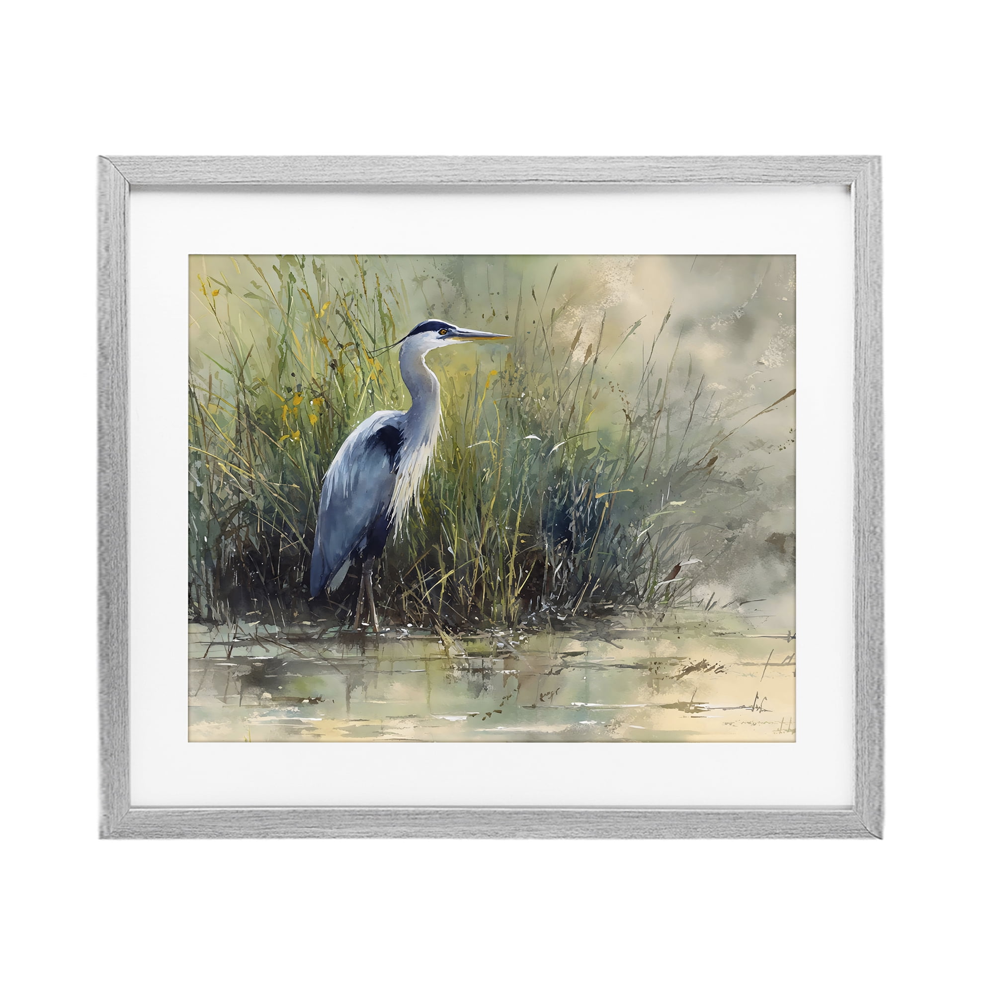 Stupell Industries Heron In The Grass Gray Framed Print Under Glass, design by Franklyn Gregory