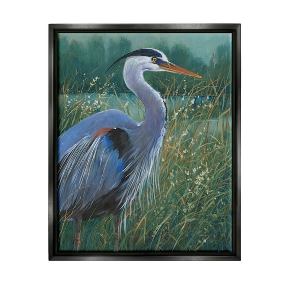 Stupell Industries Heron Landscape Painting Animals & Insects Painting Black Floater Framed Canvas Art Print Wall Art, 17 x 21