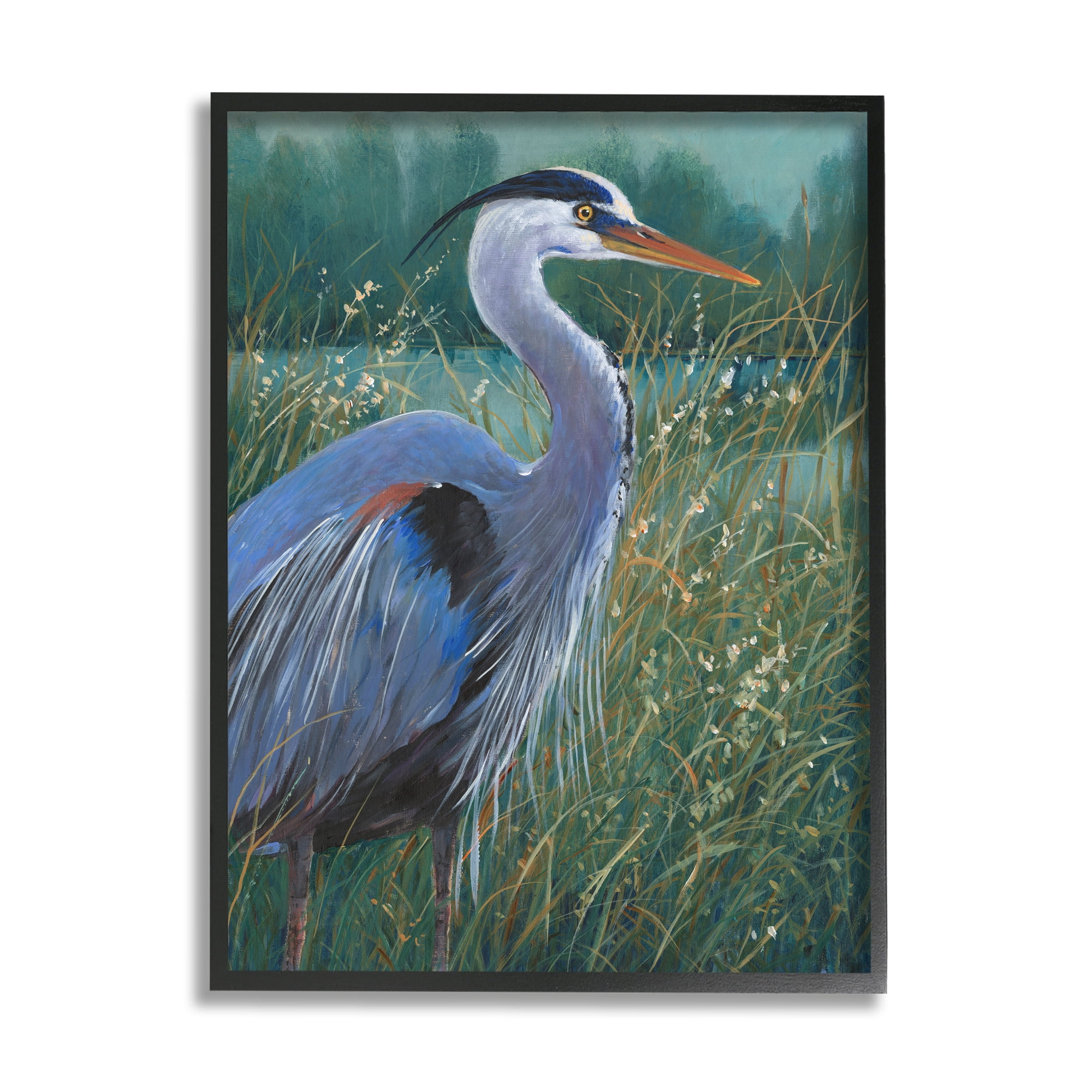 Stupell Industries Heron Landscape Painting Animals & Insects Painting Black Framed Art Print Wall Art, 24 x 30