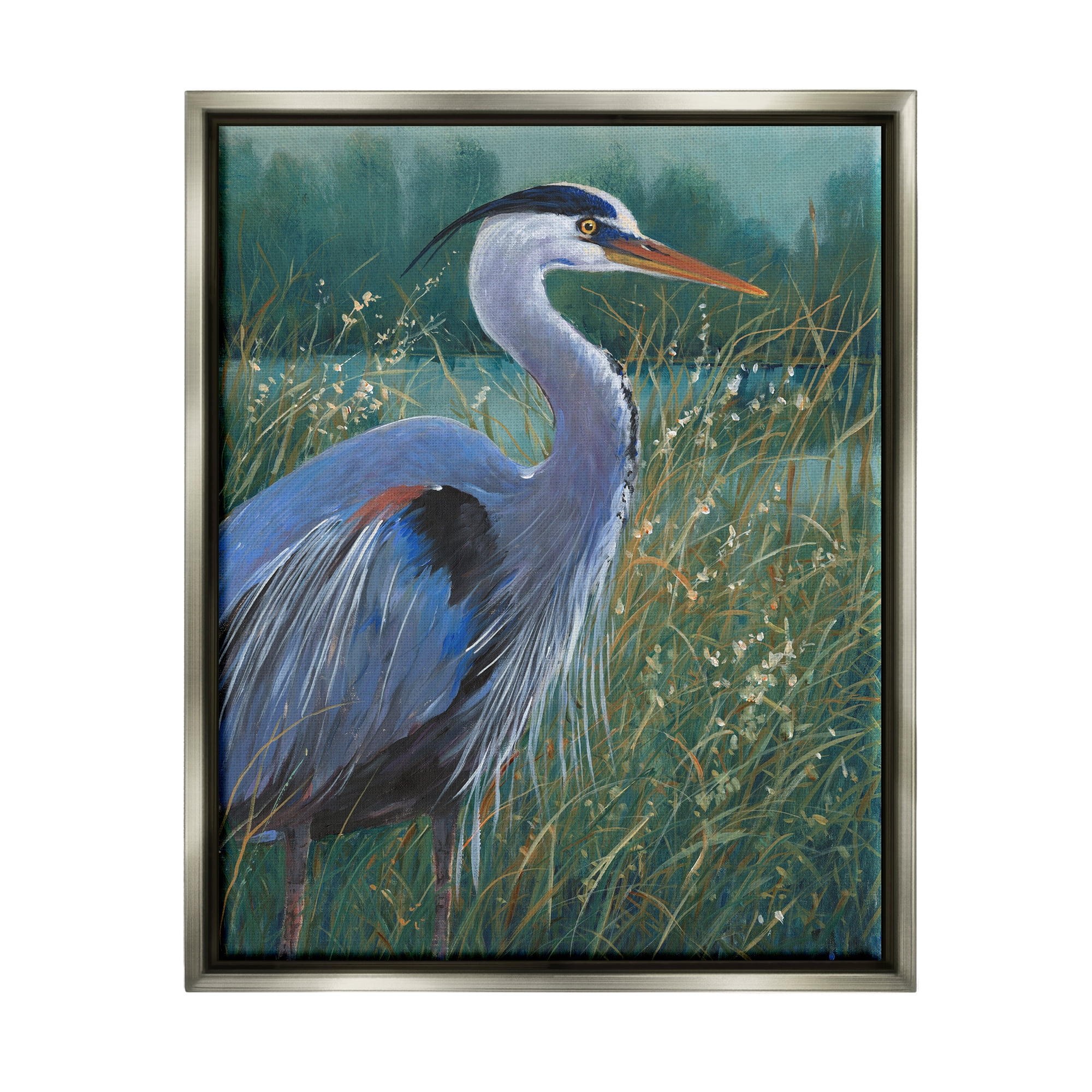 Stupell Industries Heron Landscape Painting Animals & Insects Painting Gray Floater Framed Canvas Art Print Wall Art, 17 x 21