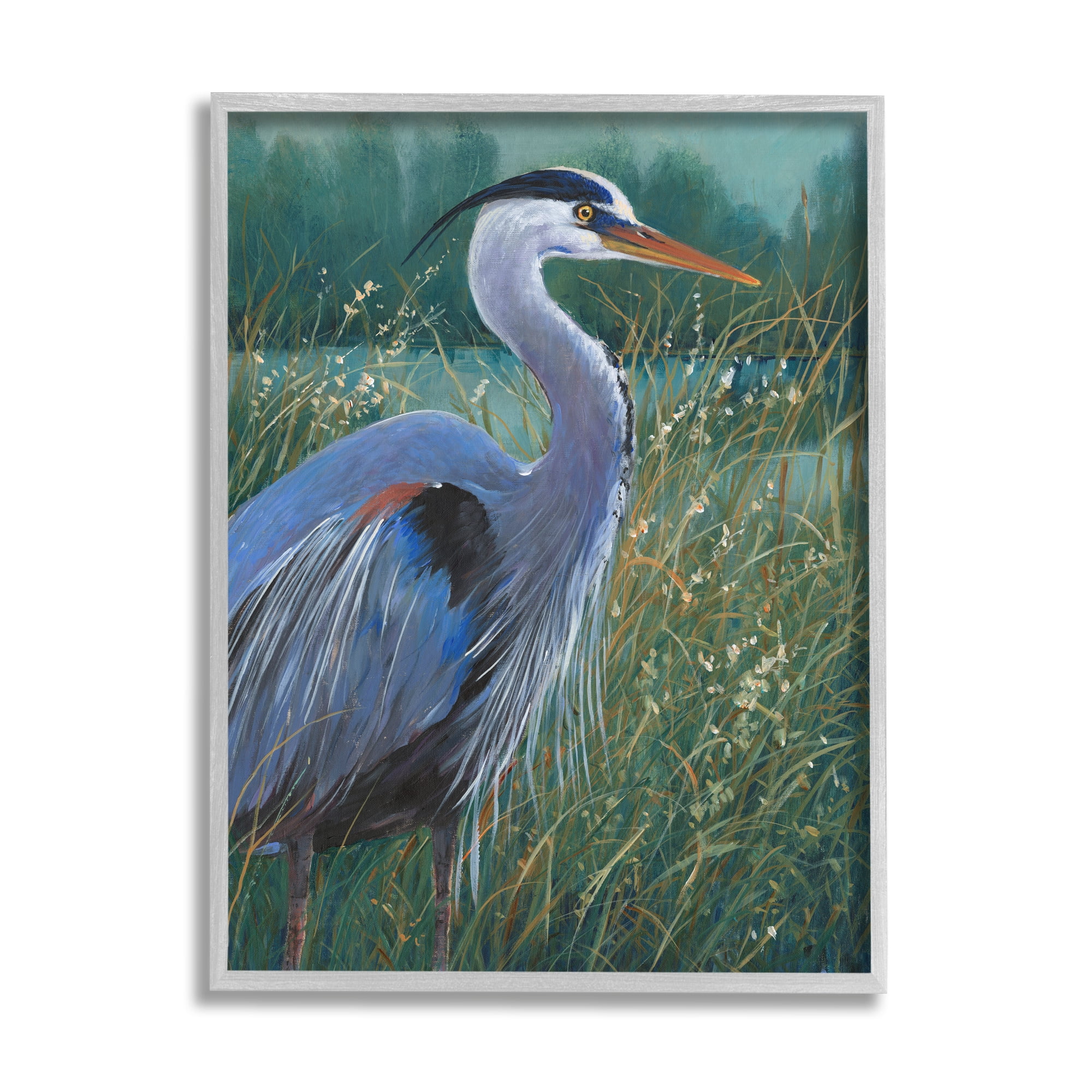 Stupell Industries Heron Landscape Painting Animals & Insects Painting Gray Framed Art Print Wall Art, 16 x 20