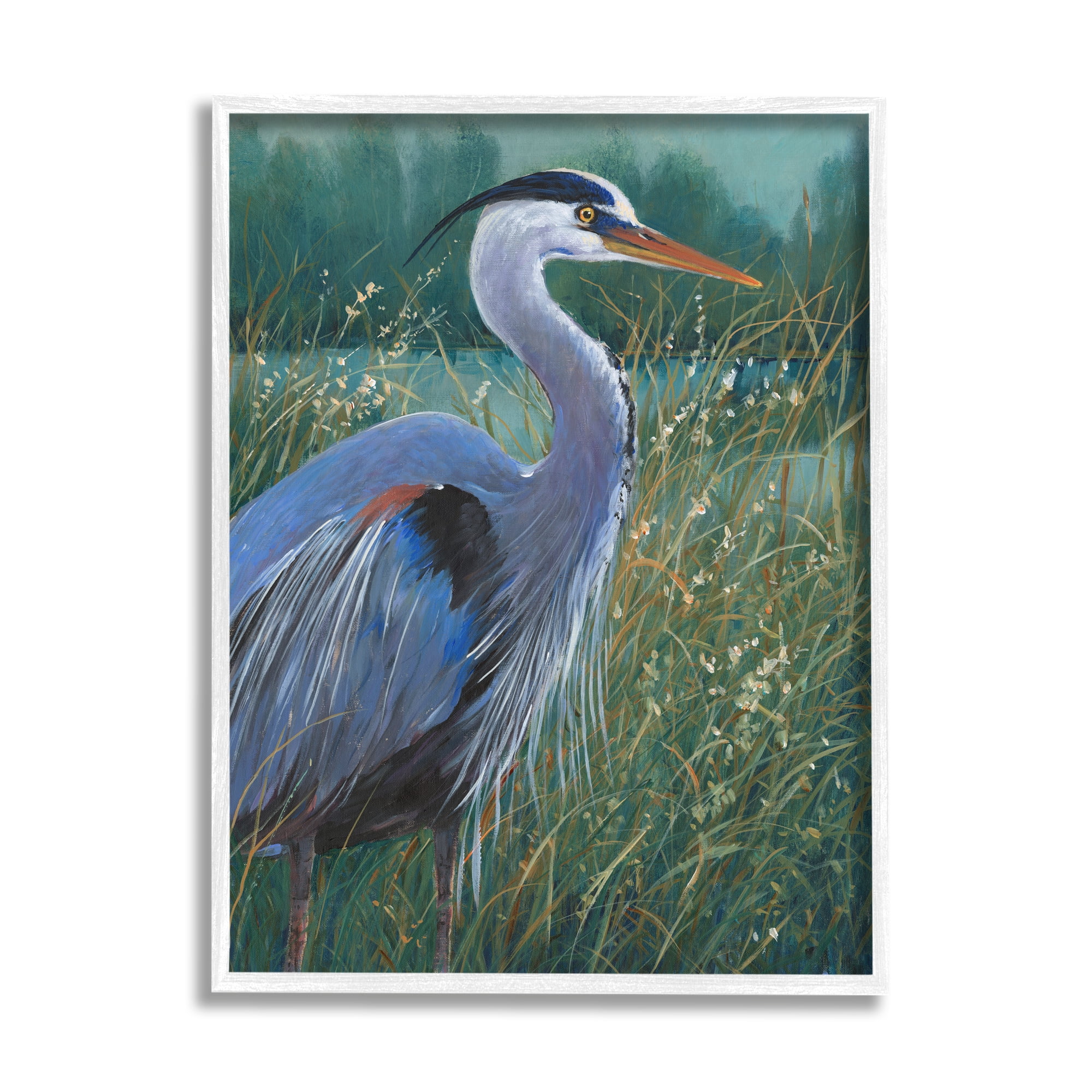 Stupell Industries Heron Landscape Painting Animals & Insects Painting White Framed Art Print Wall Art, 24 x 30