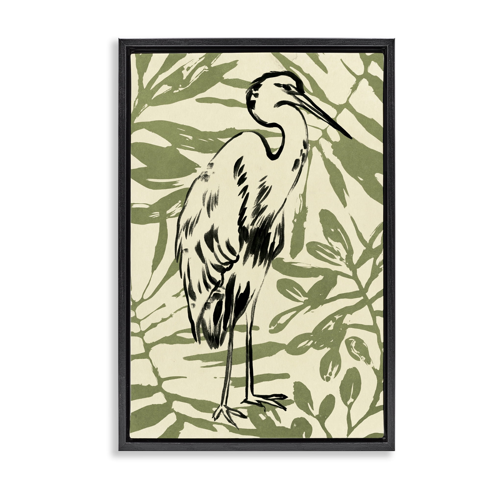 Stupell Industries Heron & Leaf Pattern Animals & Insects Painting Black Floater Framed Canvas Art Print Wall Art, 17 x 25