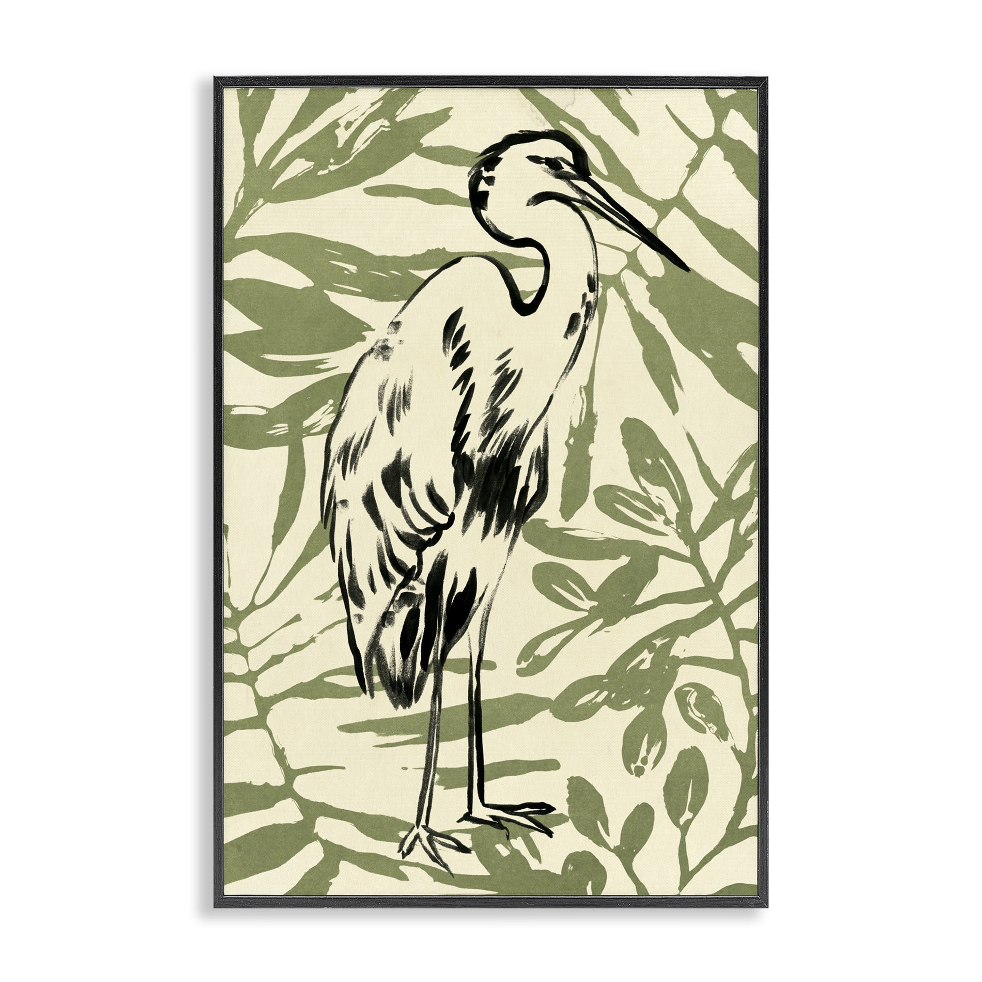 Stupell Industries Heron & Leaf Pattern Animals & Insects Painting Black Framed Art Print Wall Art, 12 x 18
