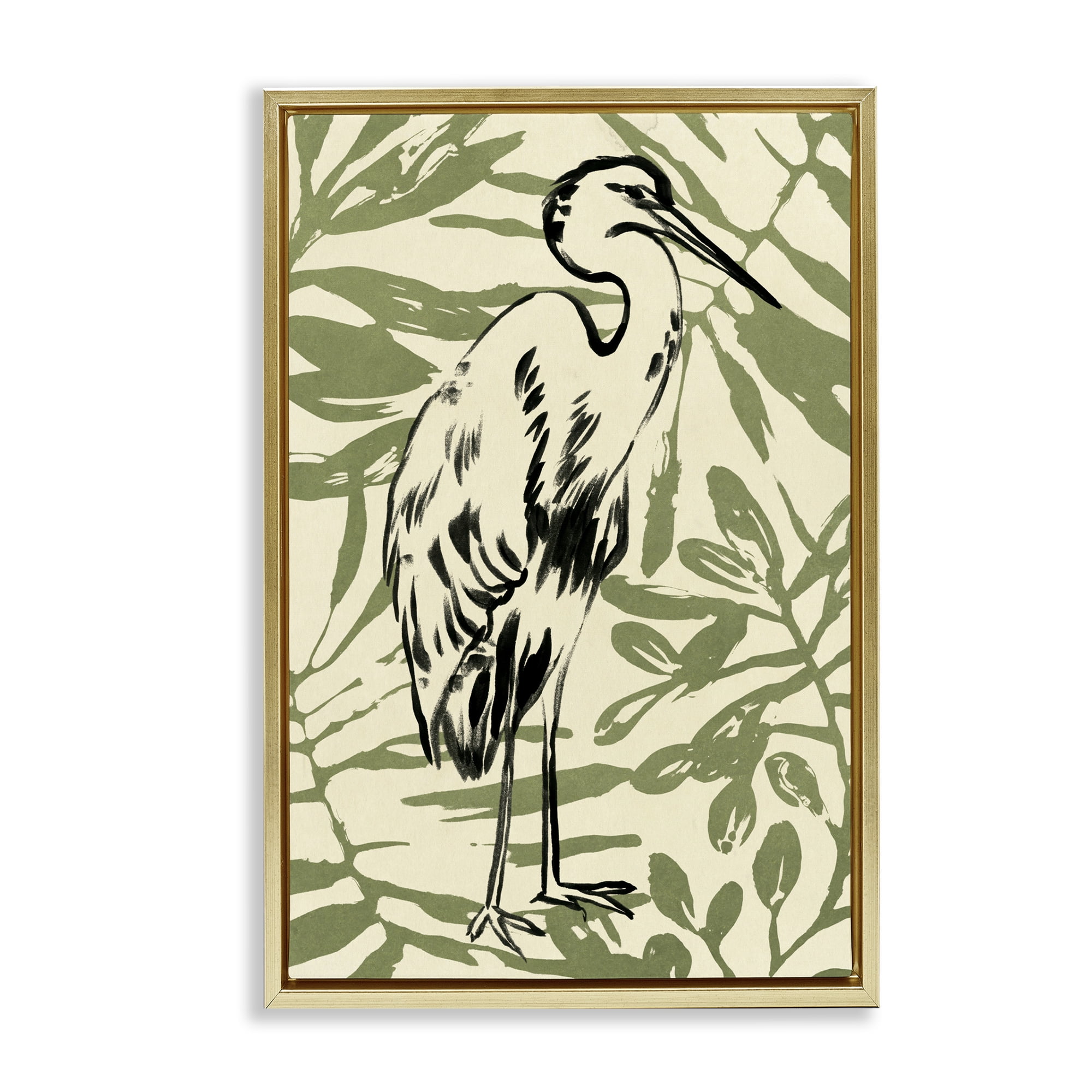 Stupell Industries Heron & Leaf Pattern Animals & Insects Painting Gold Floater Framed Canvas Art Print Wall Art, 21 x 31