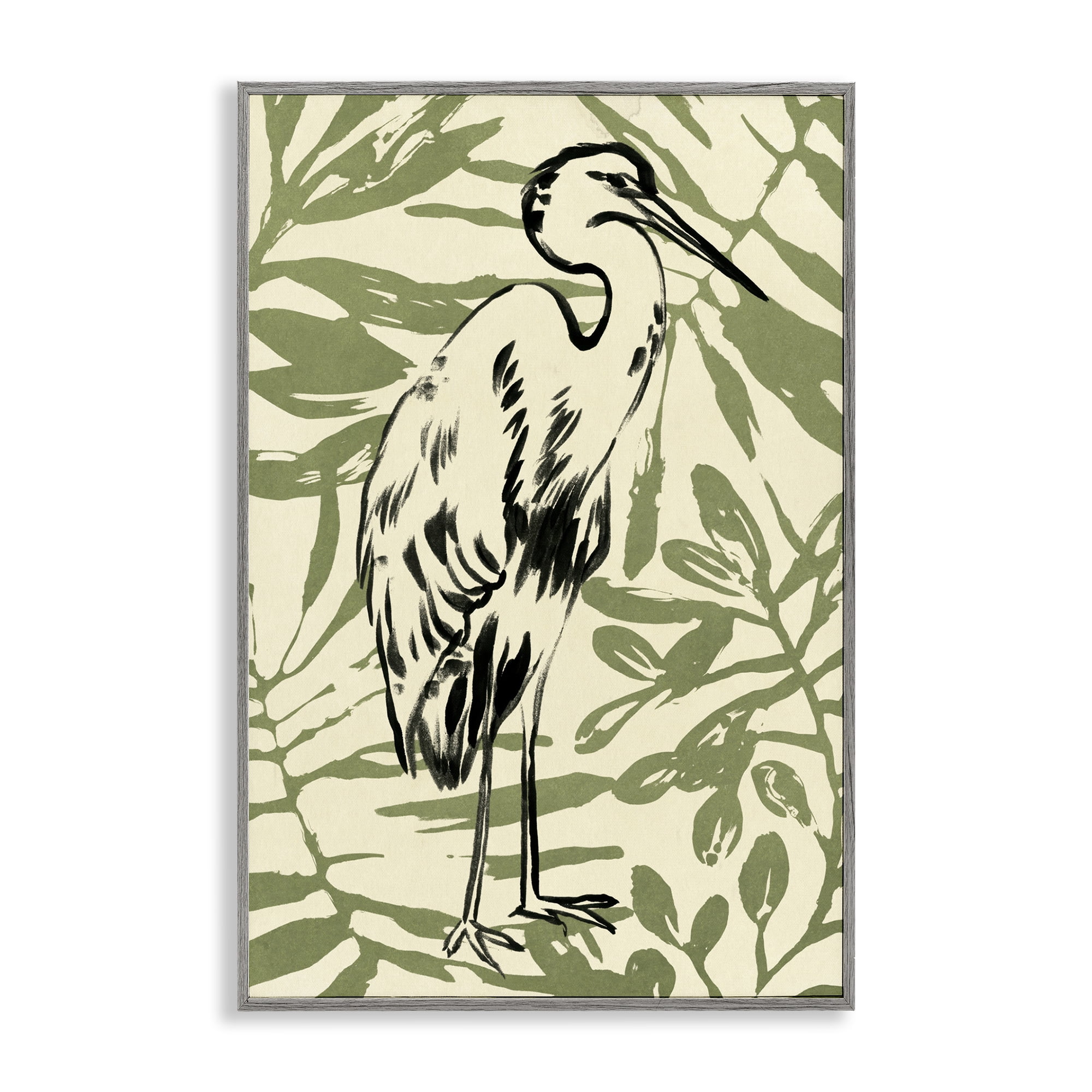 Stupell Industries Heron & Leaf Pattern Animals & Insects Painting Gray Framed Art Print Wall Art, 12 x 18