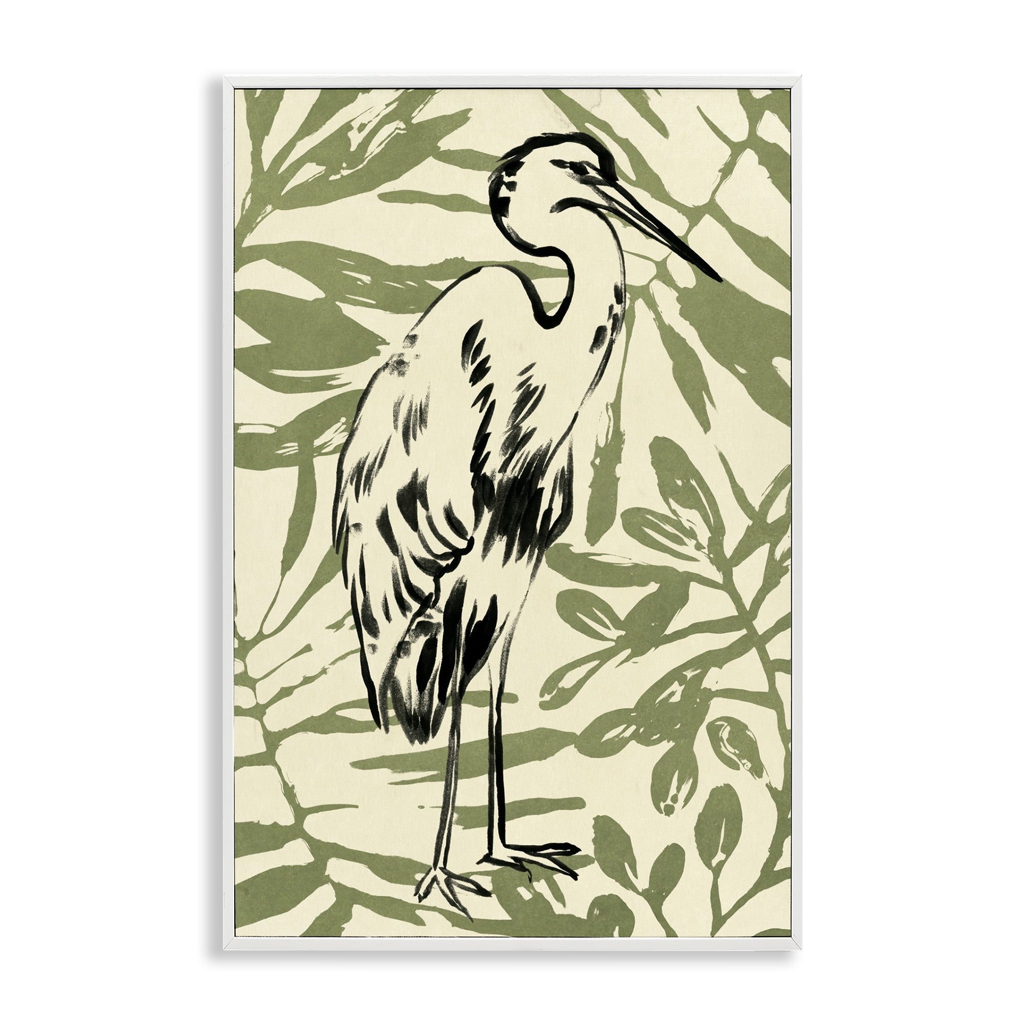 Stupell Industries Heron & Leaf Pattern Animals & Insects Painting White Framed Art Print Wall Art, 12 x 18