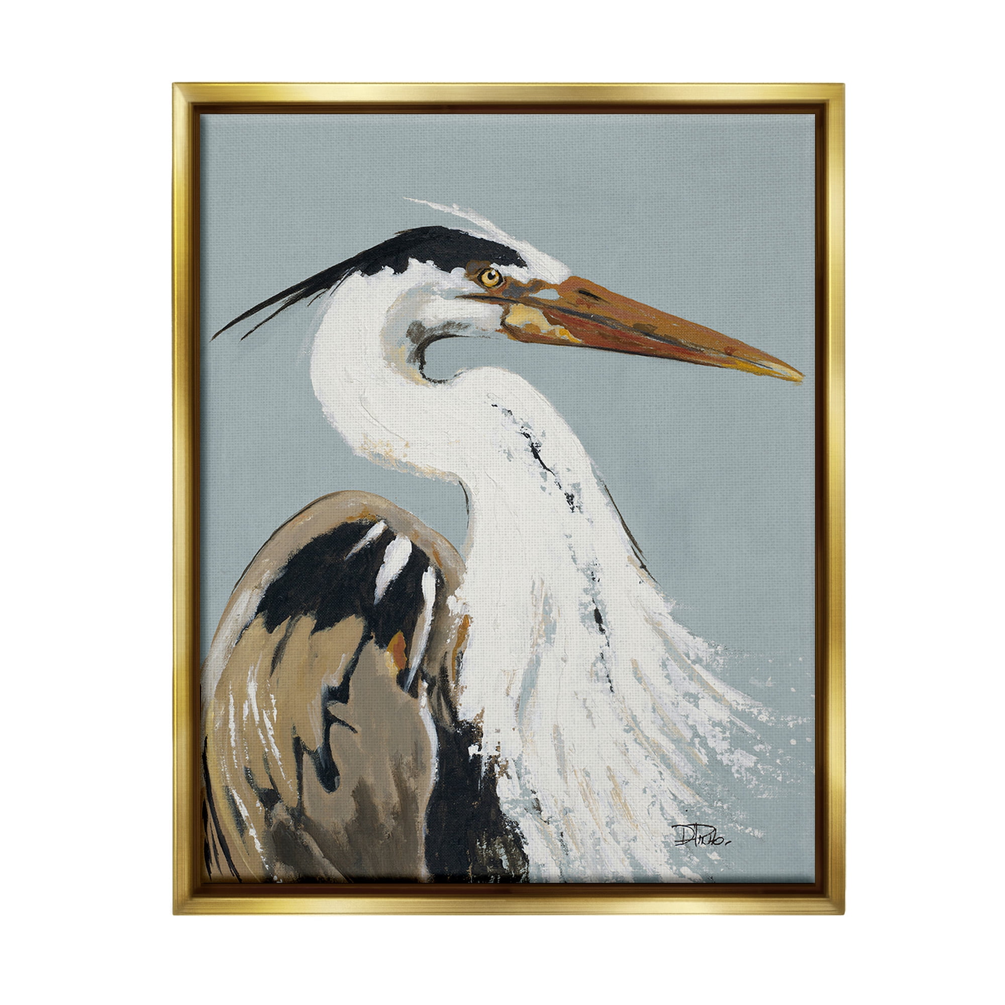 Stupell Industries Heron Looking Right Animals & Insects Painting Gold Floater Framed Canvas Art Print Wall Art, 25 x 31