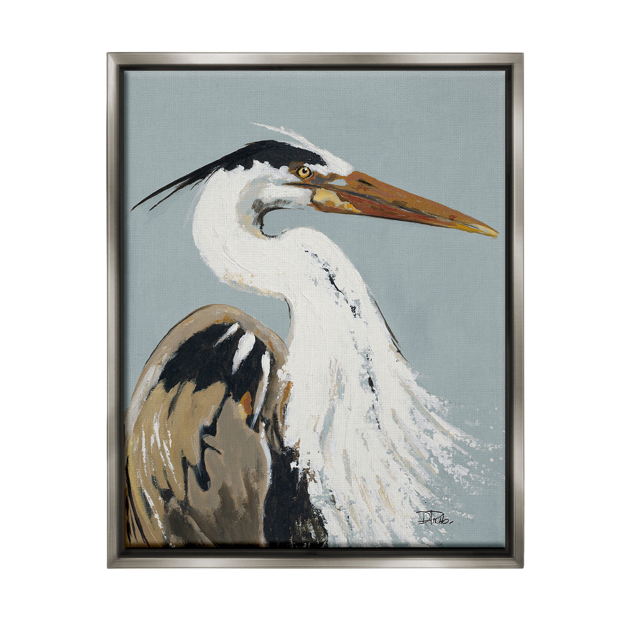 Stupell Industries Heron Looking Right Animals & Insects Painting Gray Floater Framed Canvas Art Print Wall Art, 17 x 21