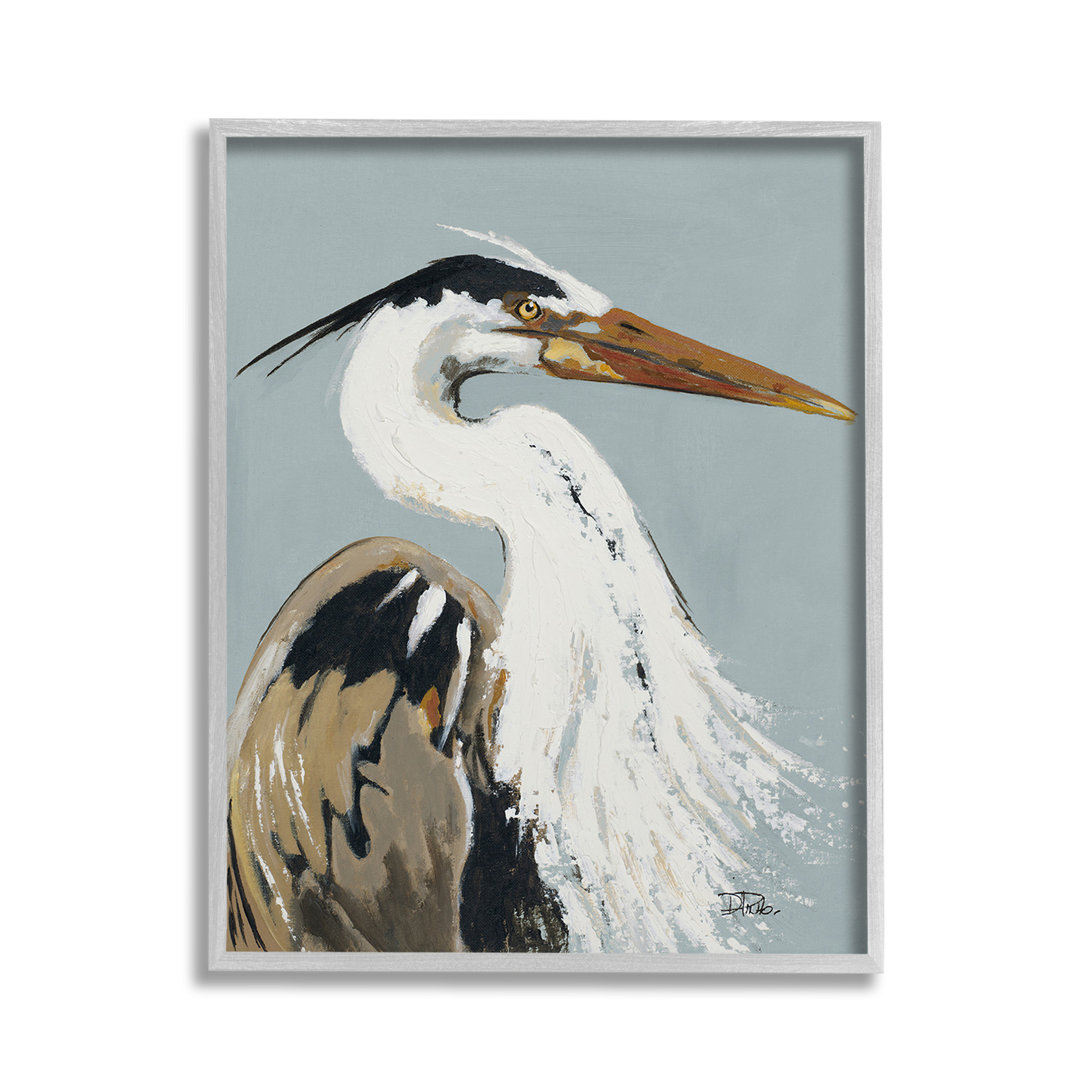 Stupell Industries Heron Looking Right Animals & Insects Painting Gray Framed Art Print Wall Art, 11 x 14