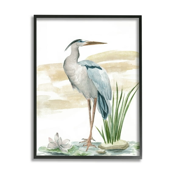 Stupell Industries Heron & Lotus Flower Animals & Insects Painting Black Framed Art Print Wall Art, 11 x 14