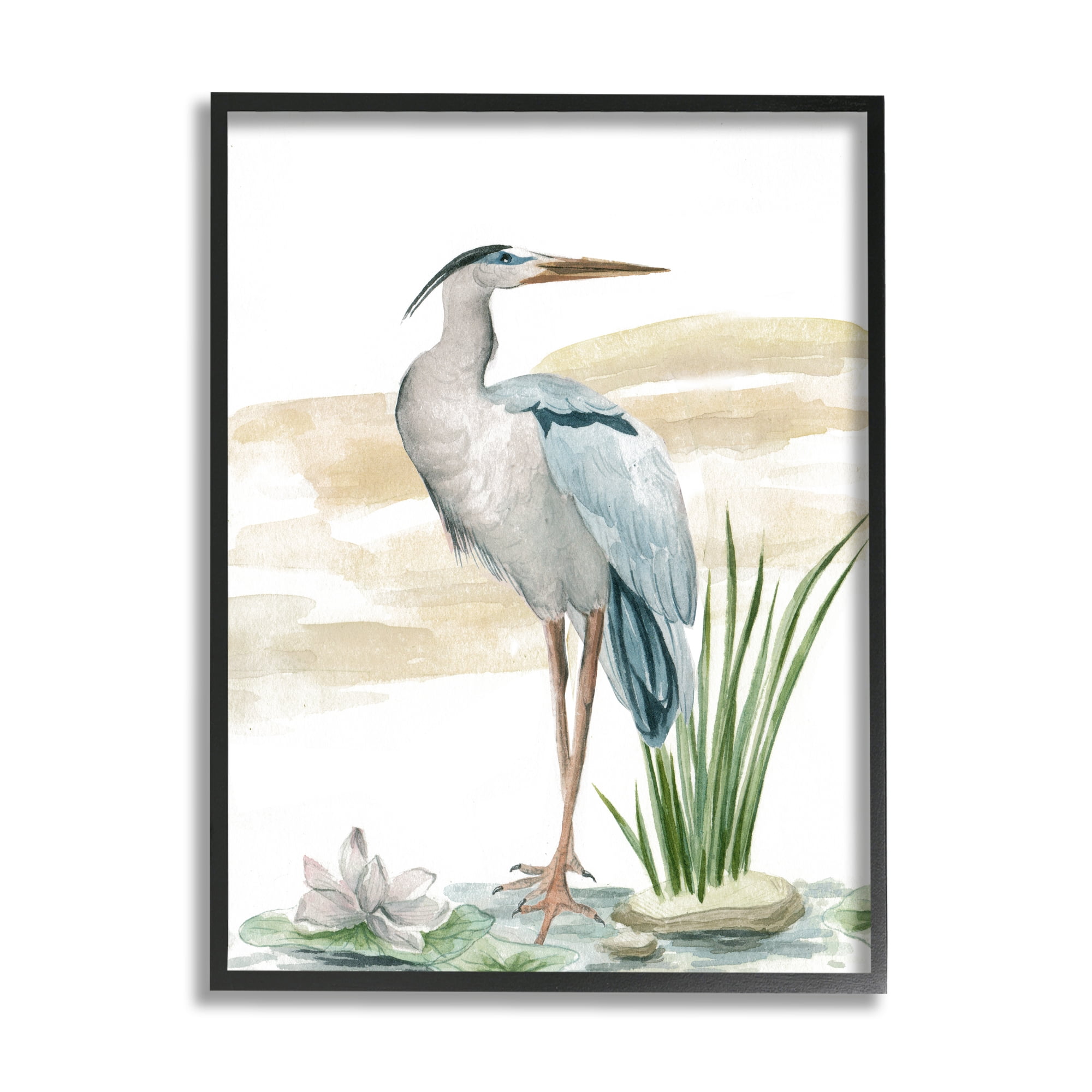 Stupell Industries Heron & Lotus Flower Animals & Insects Painting Black Framed Art Print Wall Art, 16 x 20