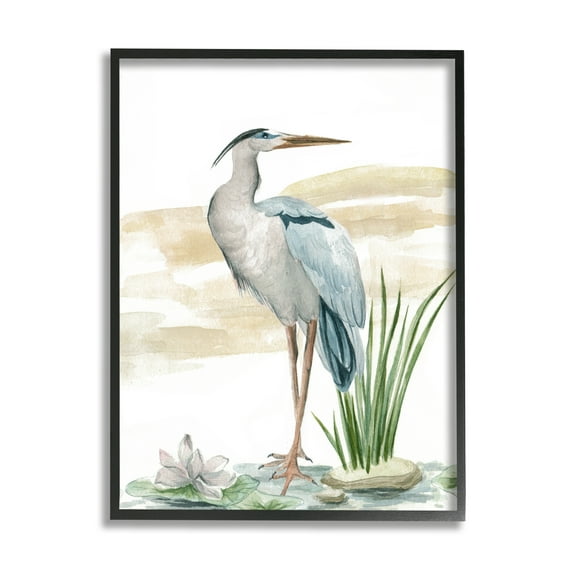 Stupell Industries Heron & Lotus Flower Animals & Insects Painting Black Framed Art Print Wall Art, 24 x 30