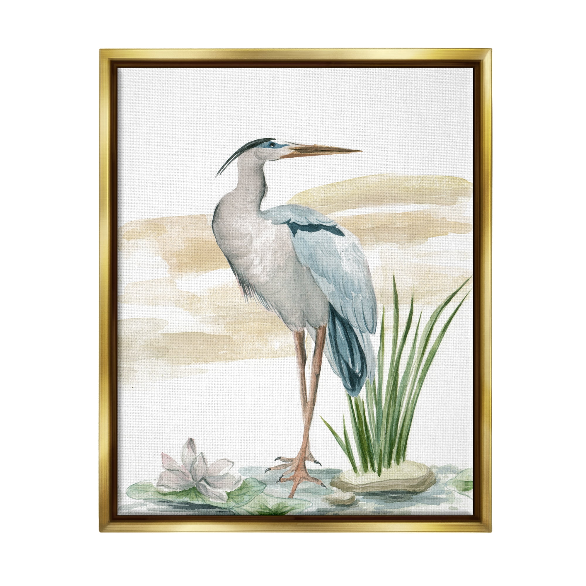 Stupell Industries Heron & Lotus Flower Animals & Insects Painting Gold Floater Framed Art Print
