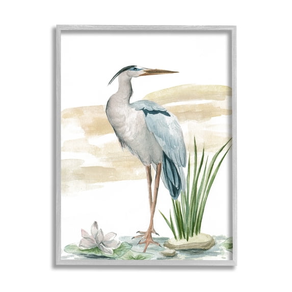 Stupell Industries Heron & Lotus Flower Animals & Insects Painting Gray Framed Art Print Wall Art, 11 x 14